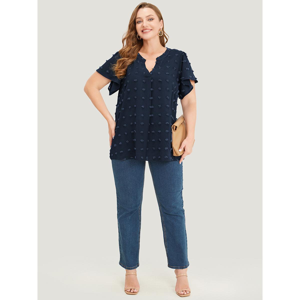 Plus Size Indigo Polka Dot Notched Neck Flutter Sleeve Blouse Women Office Short sleeve Notched collar Dailywear Blouses BloomChic 30/6X Product Image