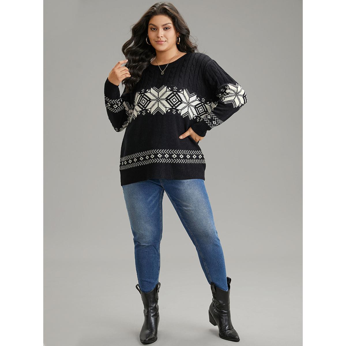 Plus Size Geometric Jacquard Cable Knit Pullover Black Women Casual Loose Long Sleeve Round Neck Dailywear Pullovers BloomChic 22-24/3X Product Image