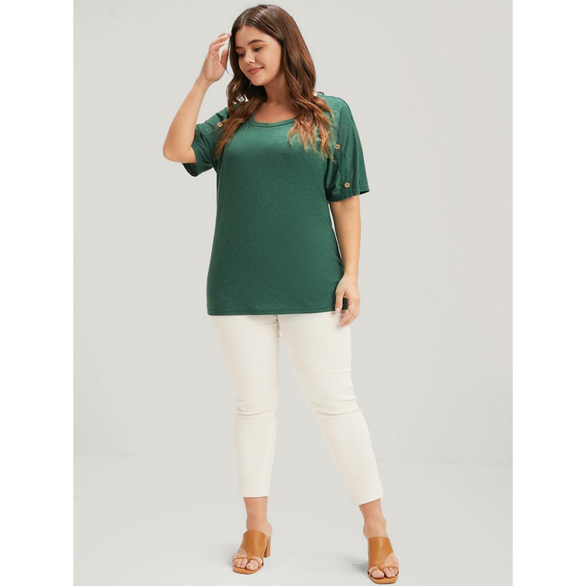 Plus Size Solid Round Neck Button Raglan Sleeve Modal T-shirt Green Women Casual Button Plain Round Neck Dailywear T-shirts BloomChic 26/4X Product Image