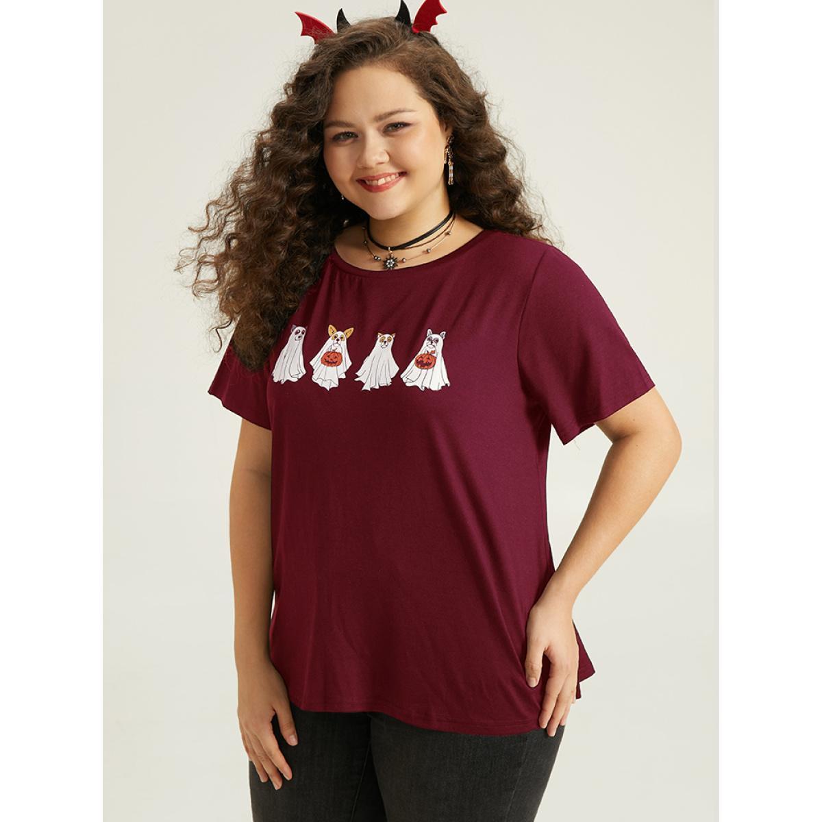 Plus Size Supersoft Essentials Halloween Print Crew Neck T-shirt Green Women Casual Printed Halloween Festival-Halloween T-shirts BloomChic 12/L Product Image