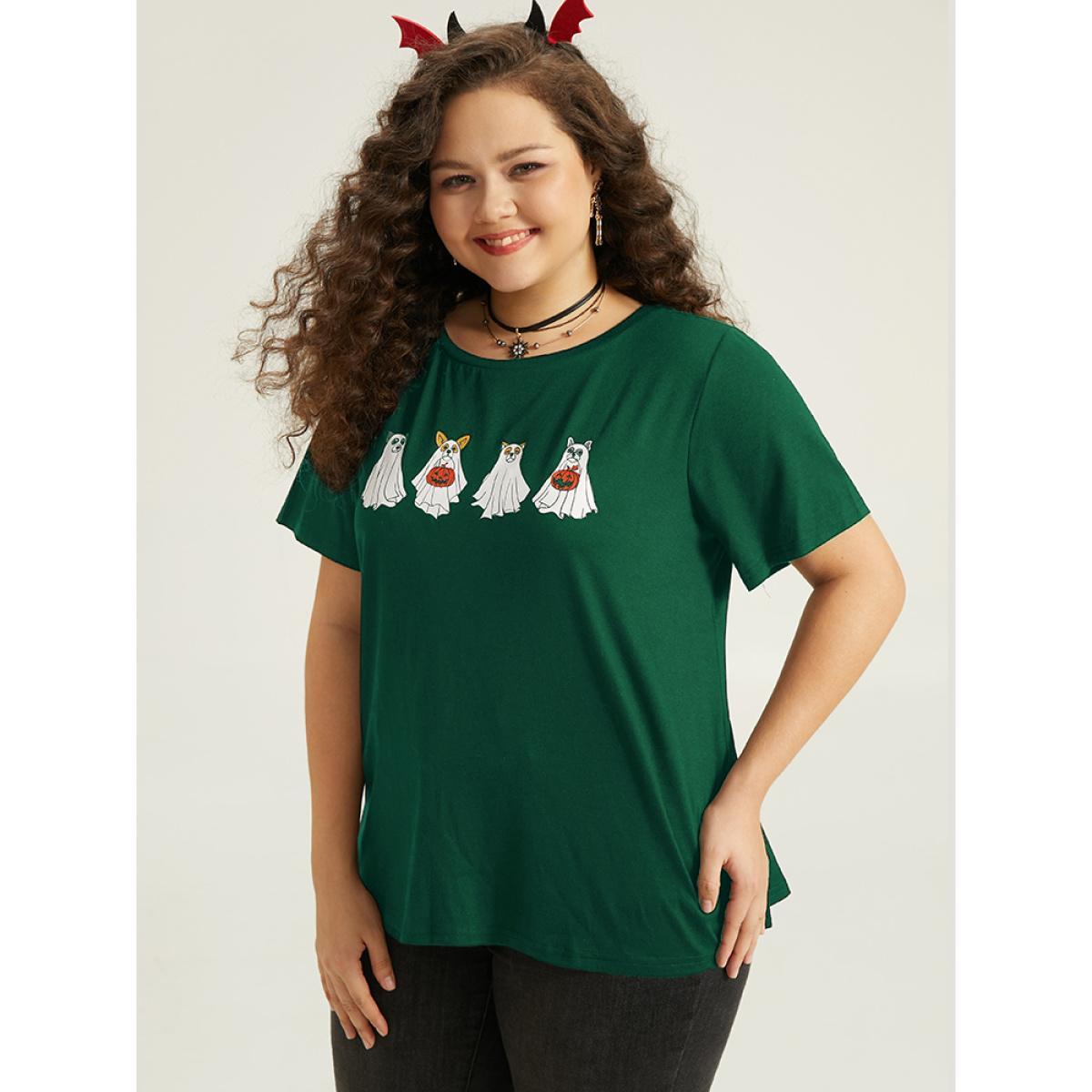 Plus Size Supersoft Essentials Halloween Print Crew Neck T-shirt Green Women Casual Printed Halloween Festival-Halloween T-shirts BloomChic 12/L Product Image