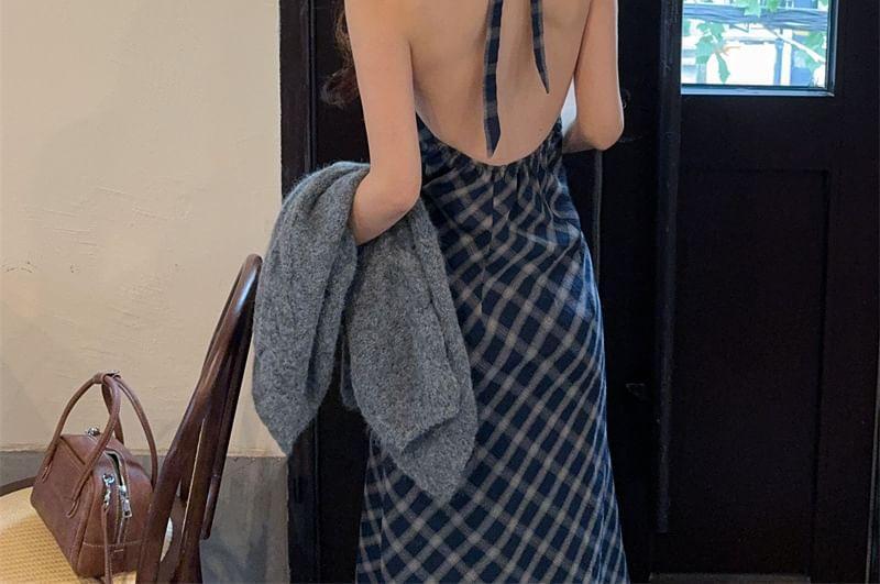 Halter V-Neck Plaid Maxi A-Line Dress / Plain Cable Knit Open Front Cardigan Product Image