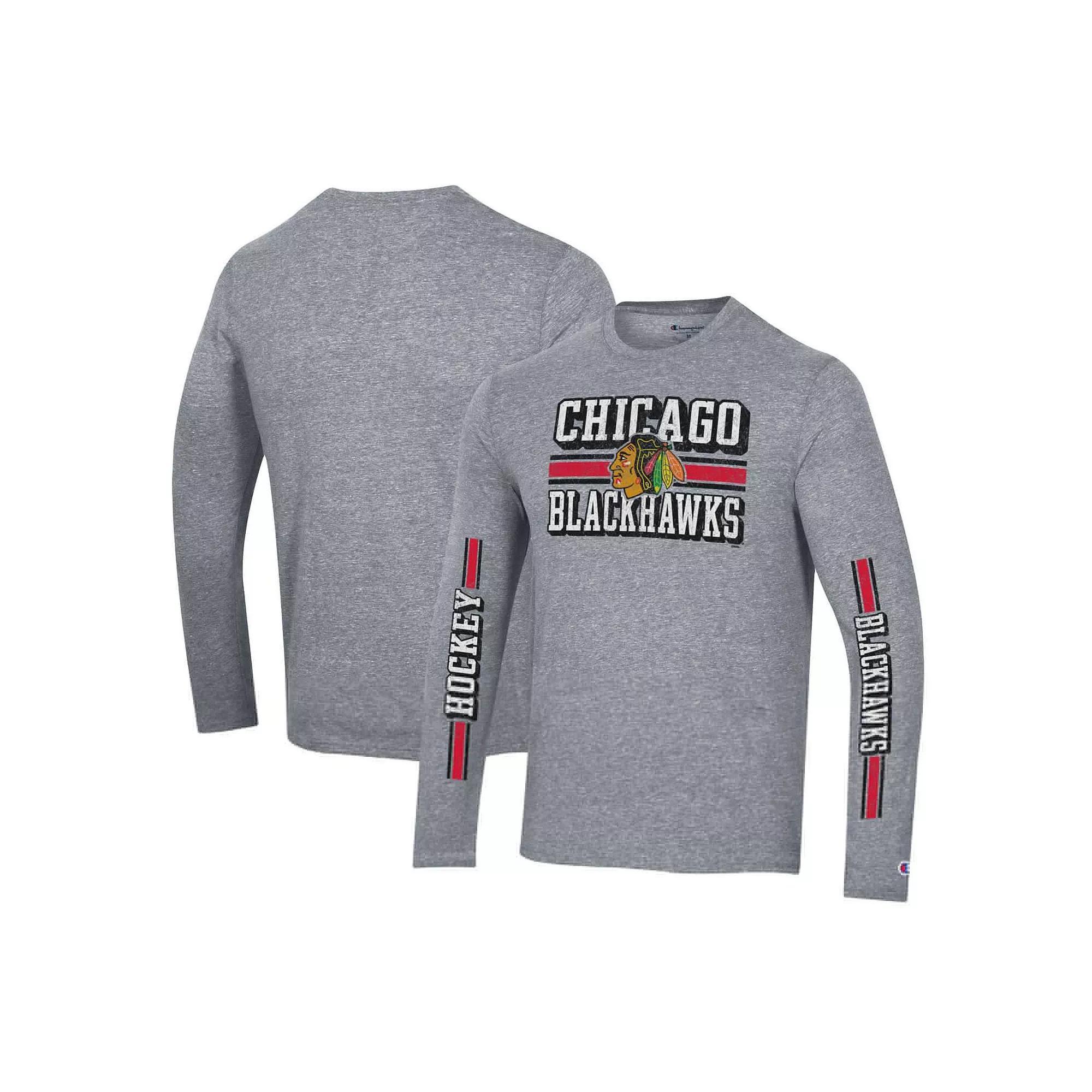 Men's Champion Heather Gray Chicago Blackhawks Tri-Blend Dual-Stripe Long Sleeve T-Shirt, Size: XL, Grey Product Image