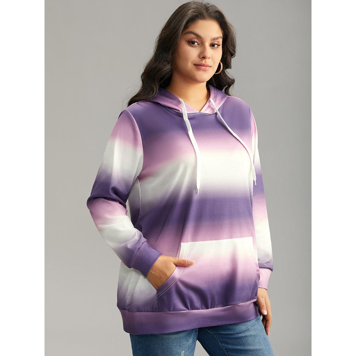 Plus Size Ombre Striped Kangaroo Pocket Hooded Sweatshirt Women Lilac Elegant Printed Hooded Dailywear Sweatshirts BloomChic 30/6X Product Image