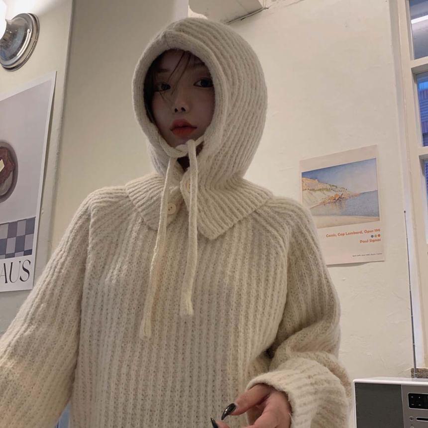 Long Sleeve Plain Ribbed-Knit Loose-Fit Sweater with Beanie Product Image