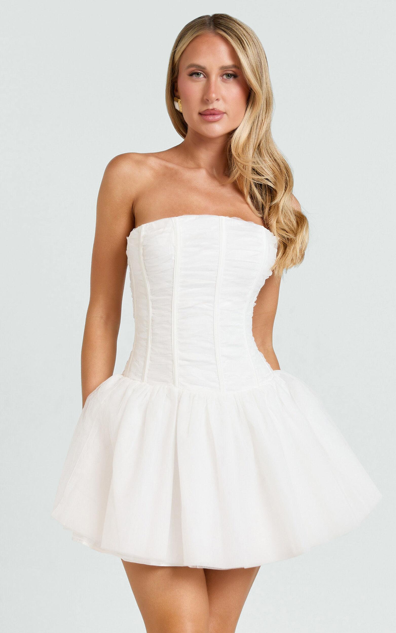 Selene Mini Dress - Ruched Corset Gathered Skirt Dress in Ivory Product Image