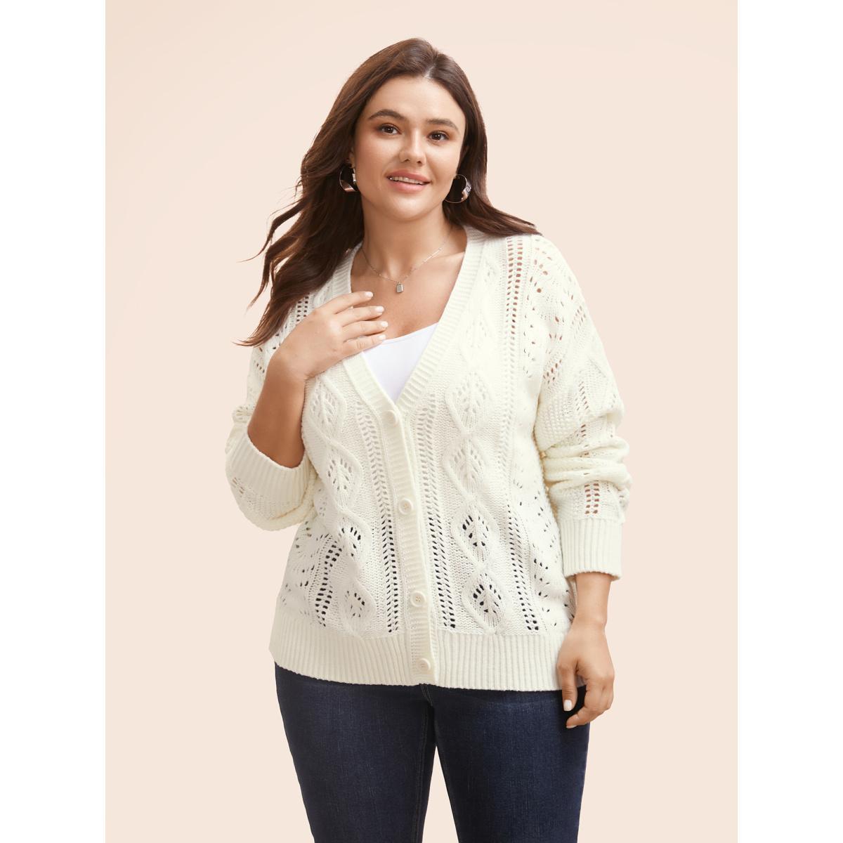 Plus Size Solid Hollow Out Button Up Cardigan Apricot Women Casual Loose Long Sleeve Everyday Cardigans BloomChic 28/5X Product Image