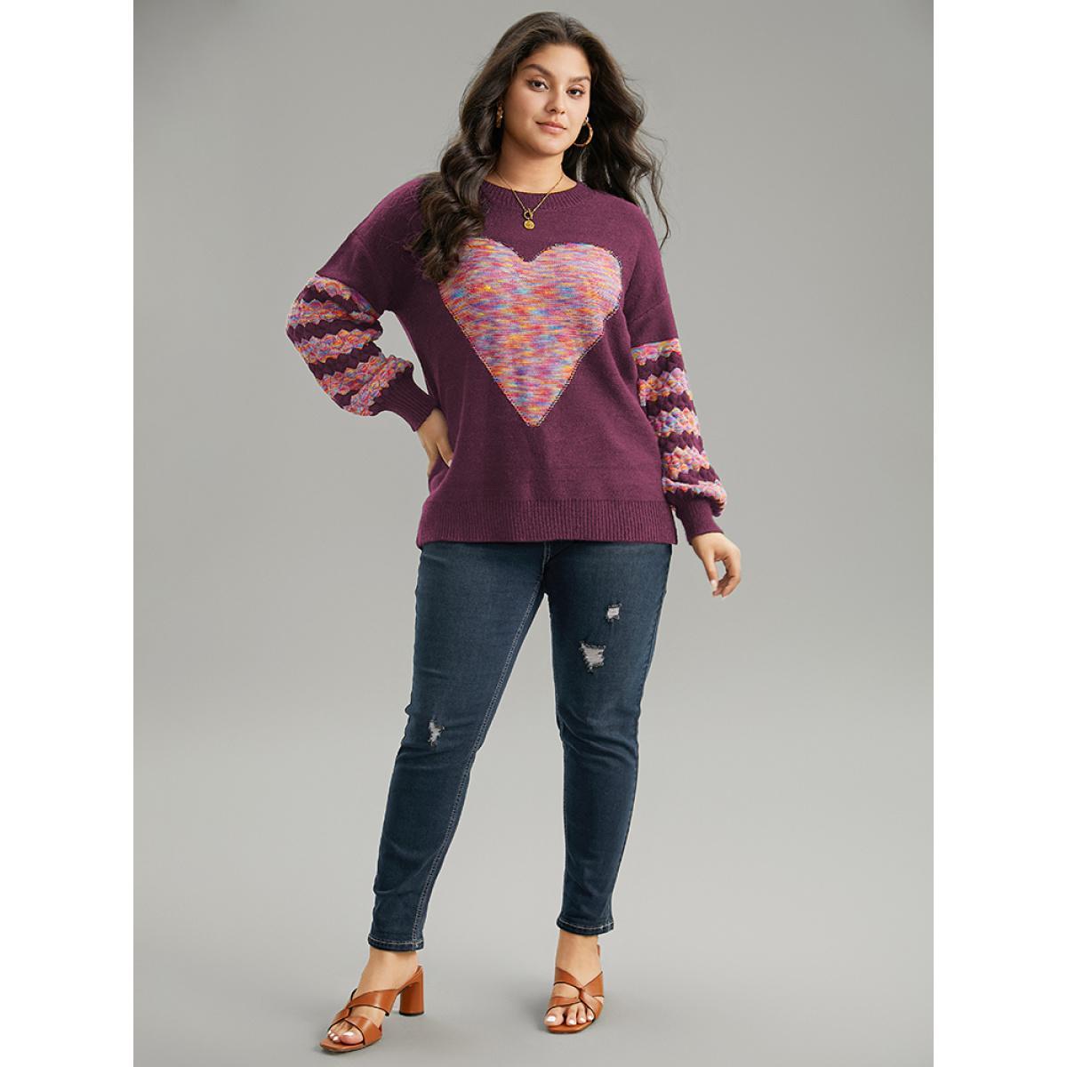 Plus Size Heart Heather Patchwork Crew Neck Pullover RedViolet Women Casual Loose Long Sleeve Round Neck Everyday Pullovers BloomChic 18-20/2X Product Image