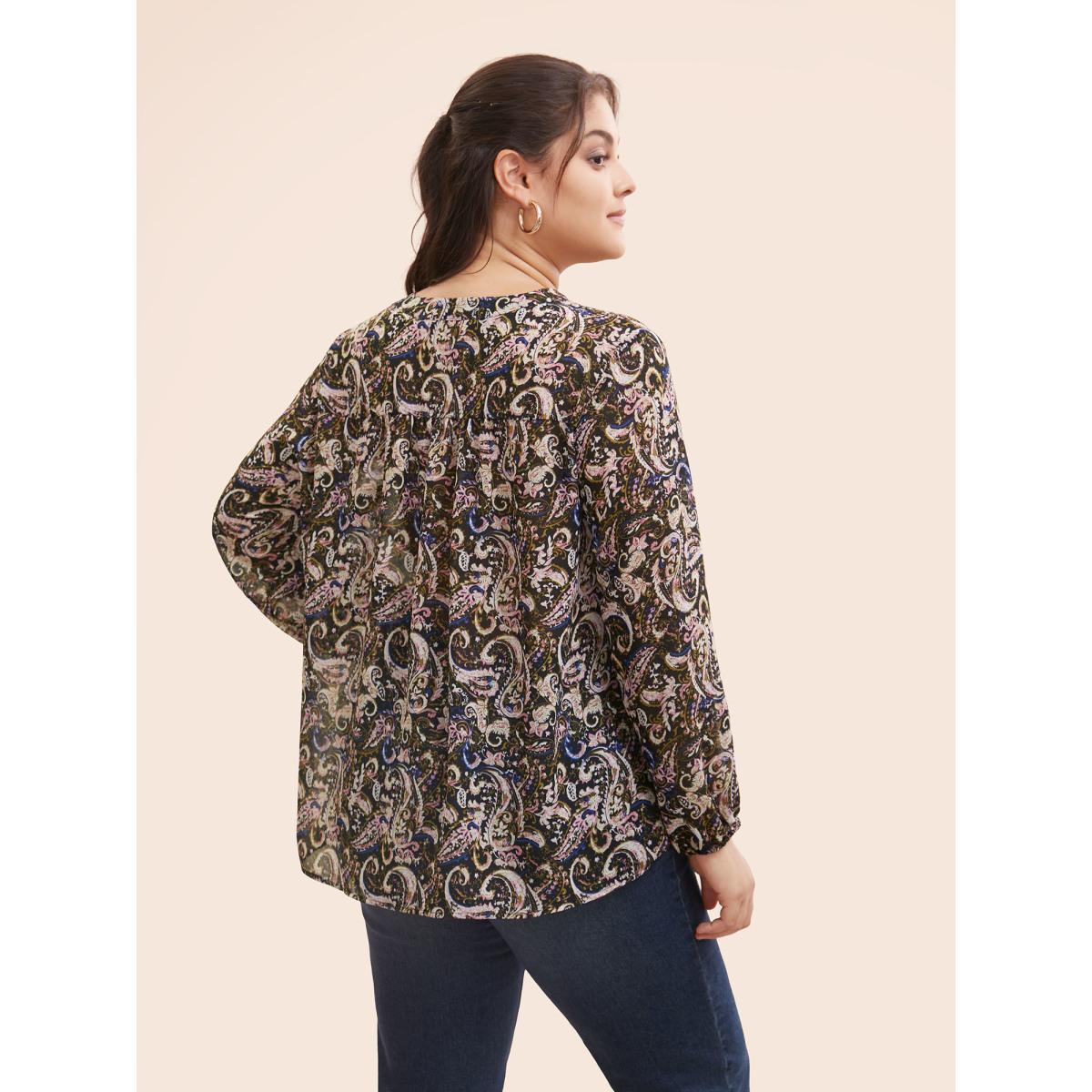 Plus Size Black Chiffon Paisley Tassels Tie Knot Blouse Women Resort Long Sleeve V-neck Vacation Blouses BloomChic 28/5X Product Image