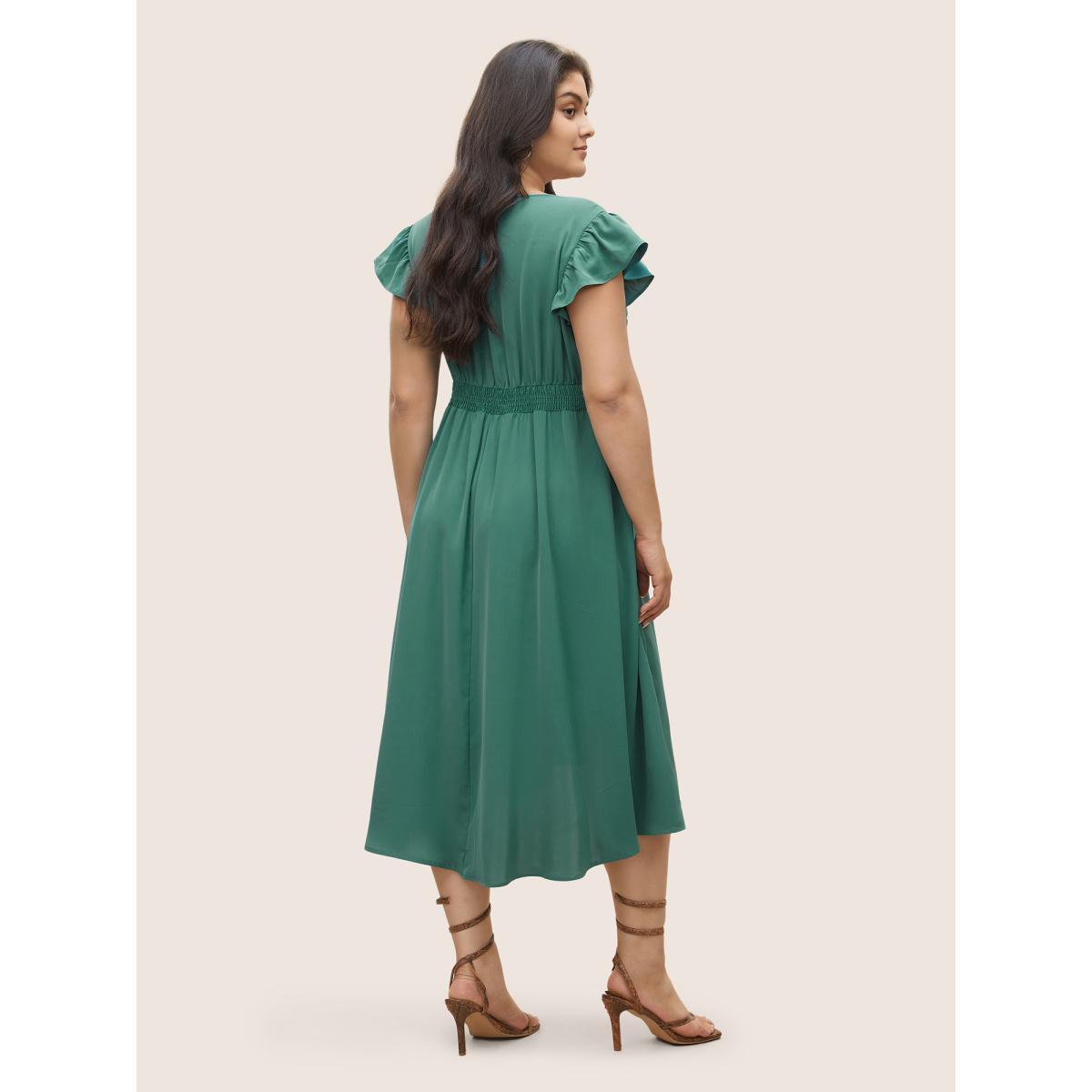 Plus Size Anti-Wrinkle Solid Ruched Flutter Trim Pleated Dress Emerald Women Elegant Non V-neck Sleeveless Curvy Midi Dress BloomChic 12/L Product Image
