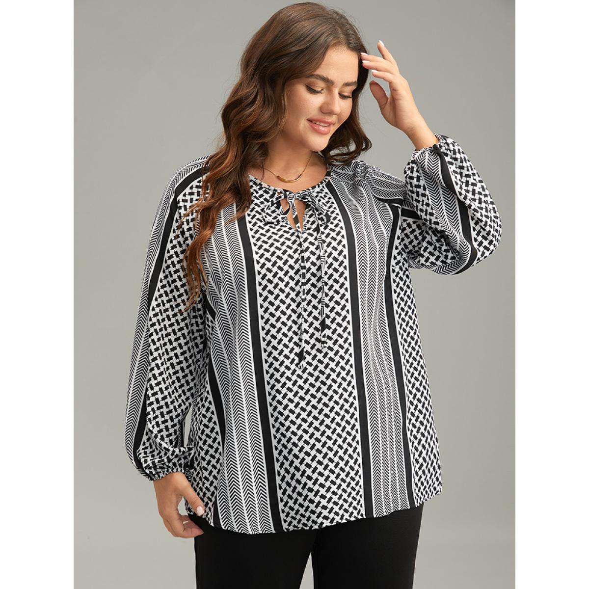 Plus Size Black Geo Striped Tie Lantern Sleeve Blouse Women Resort Long Sleeve Tie Neck Vacation Blouses BloomChic 12/L Product Image