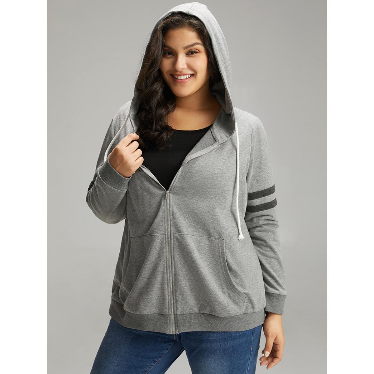 Plus Size Striped Hooded Pocket Zipper Fly Sweatshirt Women Gray Casual Elastic cuffs Hooded Dailywear Sweatshirts BloomChic 14-16/1X Product Image