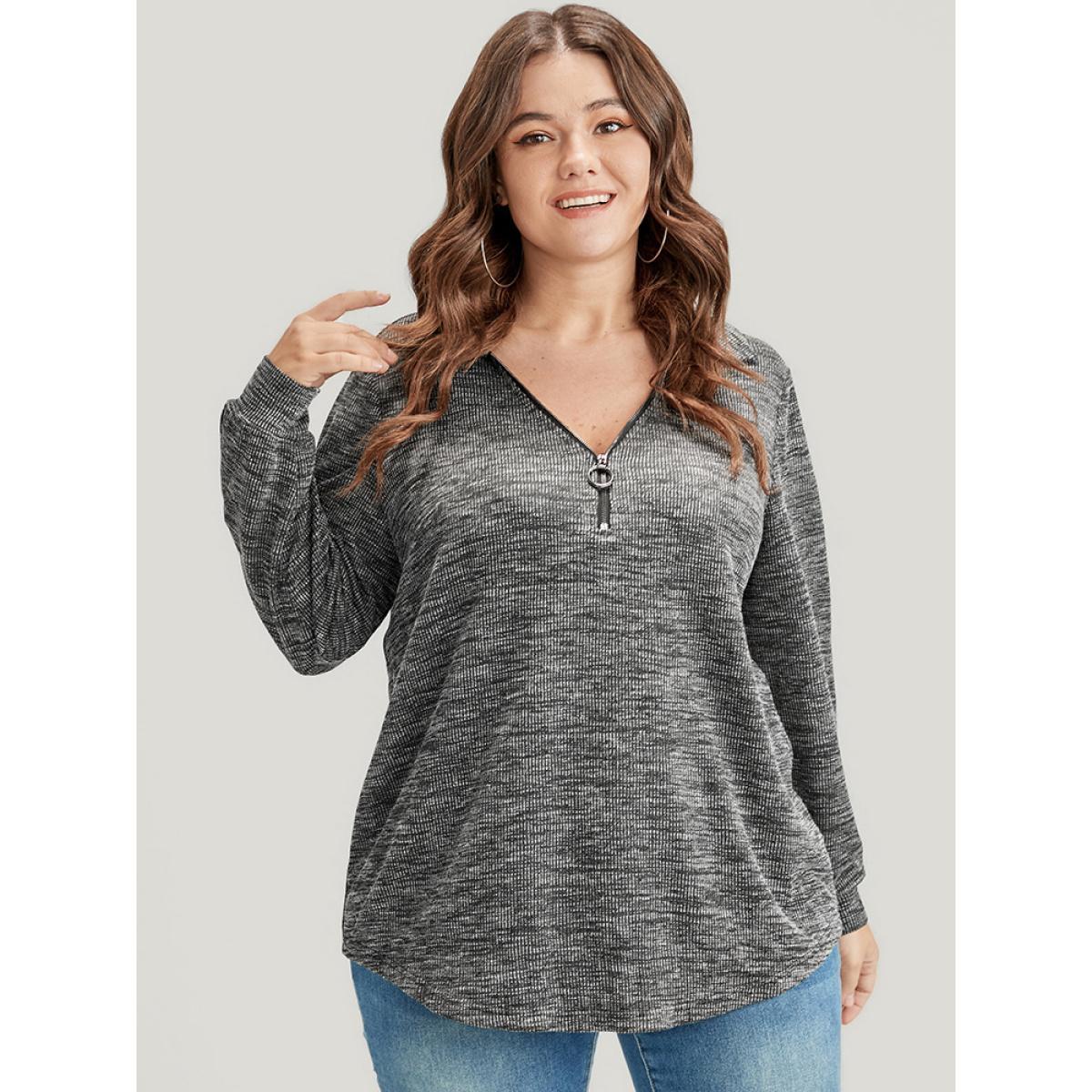 Plus Size Solid O Ring Zip Rib Knit Long Tee DimGray Women Elegant Zipper Plain Lapel Collar Dailywear T-shirts BloomChic 12/L Product Image