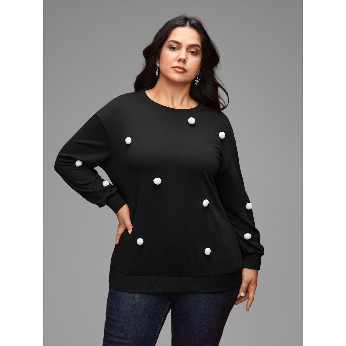 Plus Size 3D Dots Round Neck Relaxed Fit Sweatshirt Women Black Casual Patchwork Round Neck Everyday Sweatshirts BloomChic 10/M Product Image