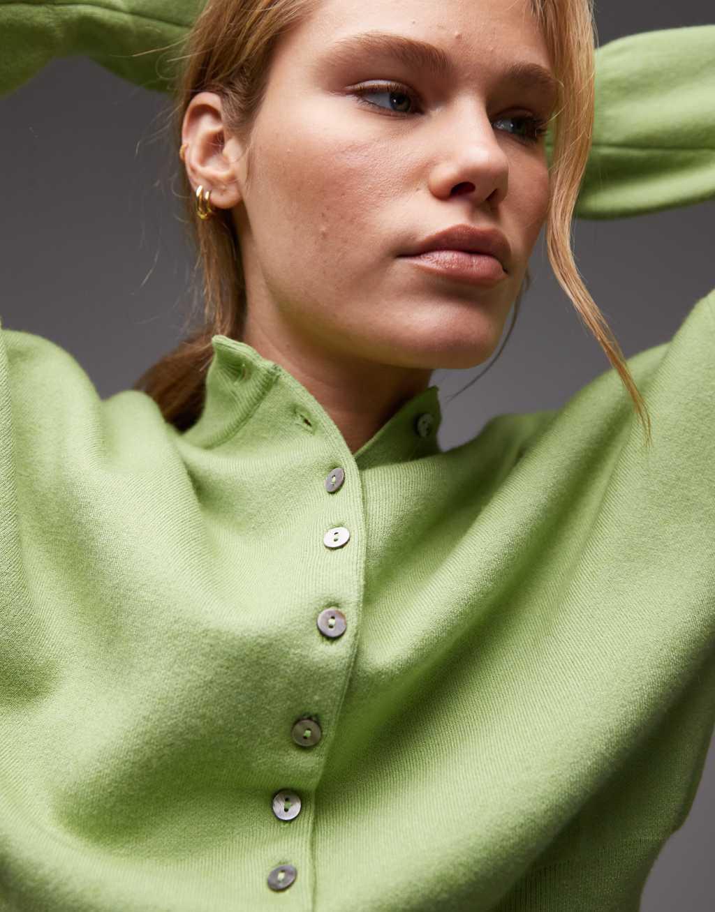 Topshop knit compact fitted waist cardigan in green Product Image