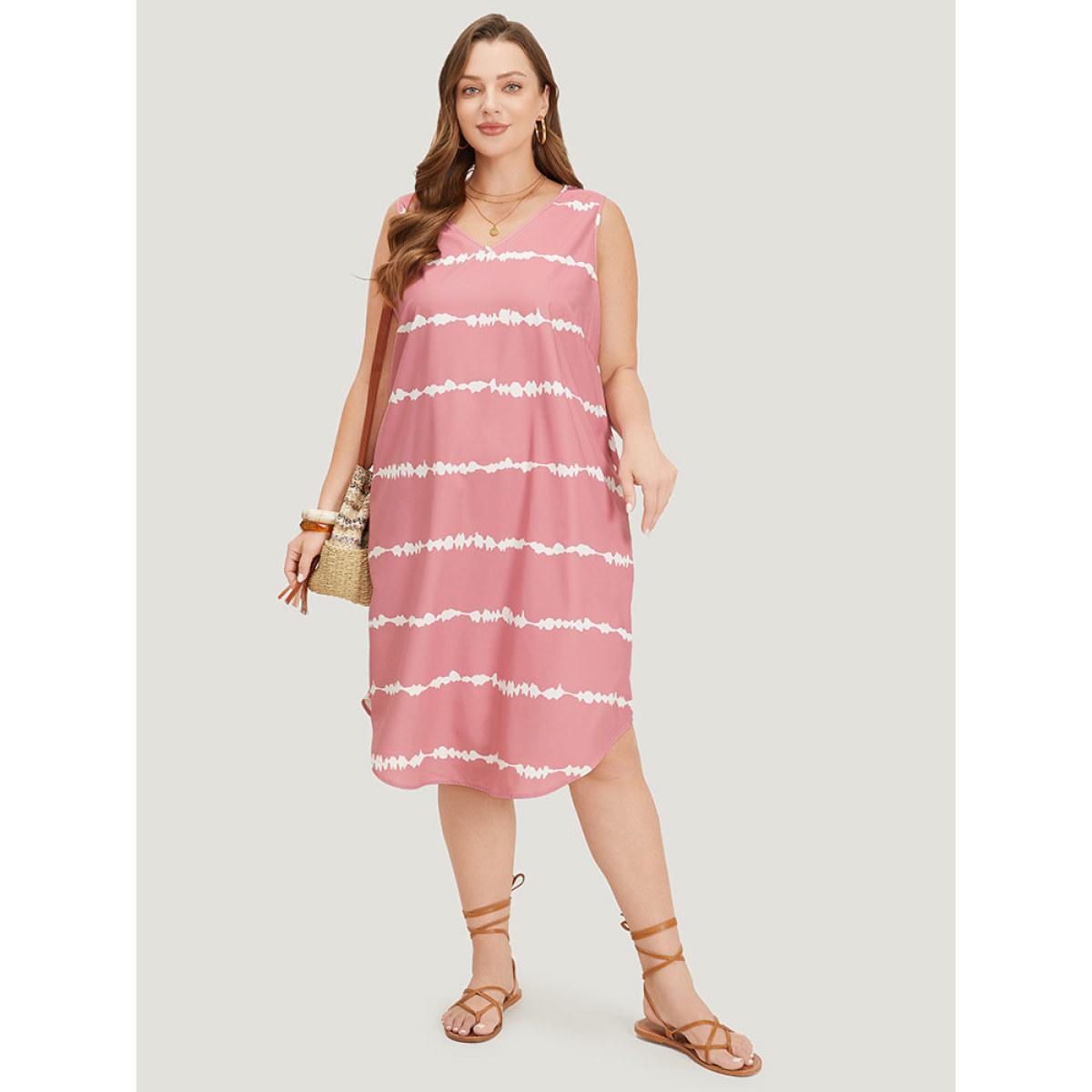 Plus Size Tie Dye Striped Pocket V Neck Arc Hem Tank Dress Watermelon Women Vacation V-neck Sleeveless Curvy Midi Dress BloomChic 14-16/1X Product Image