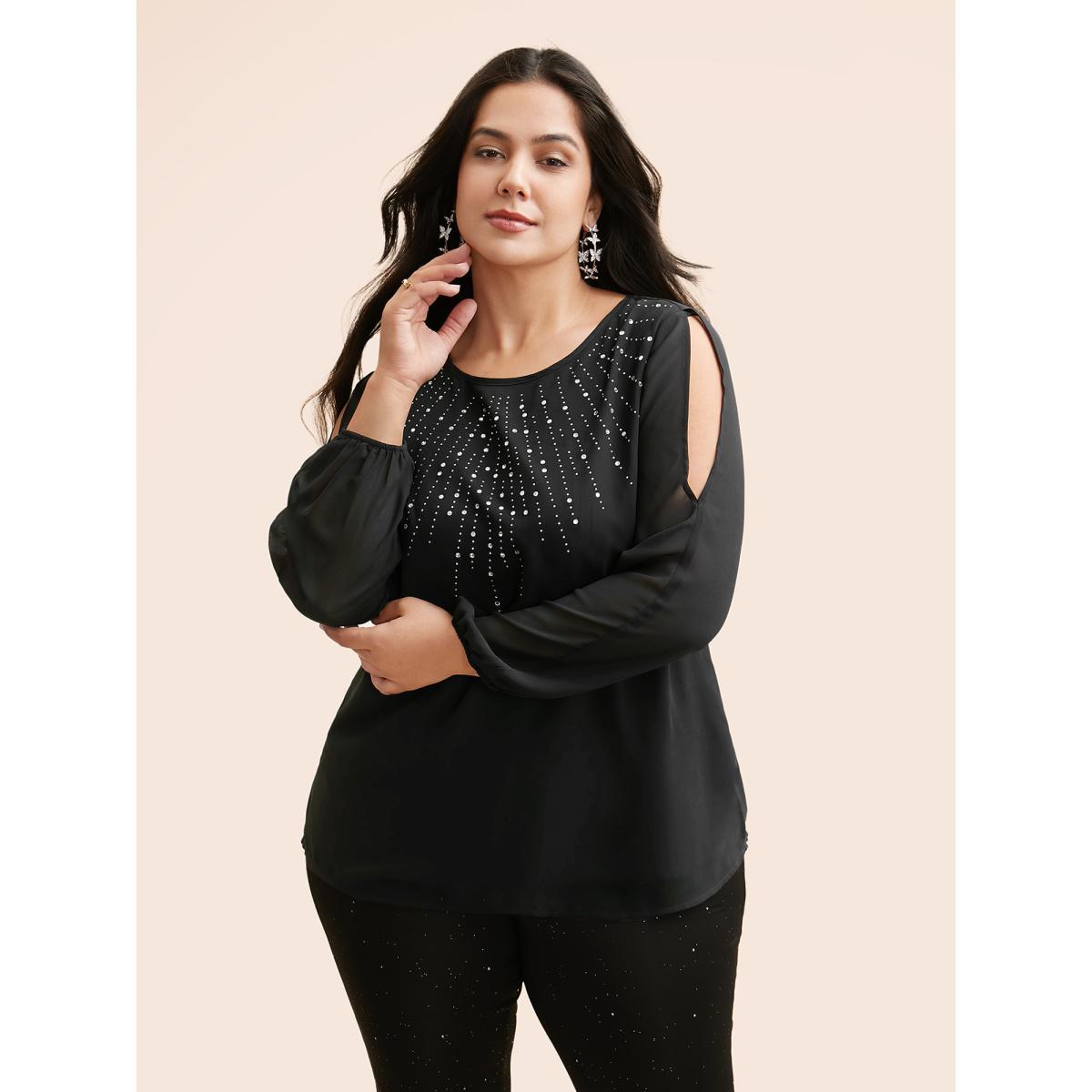 Plus Size Black Rhinestone Cut Out Lantern Sleeve Blouse Women Cocktail Long Sleeve Round Neck Party Blouses BloomChic 14-16/1X Product Image