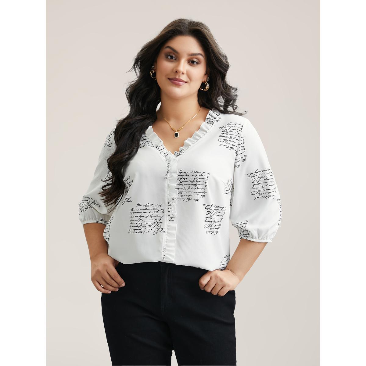 Plus Size Originalwhite Text Pattern Ruffled Lantern Sleeve Blouse Women At the Office Elbow-length sleeve V-neck Work Blouses BloomChic 30/6X Product Image