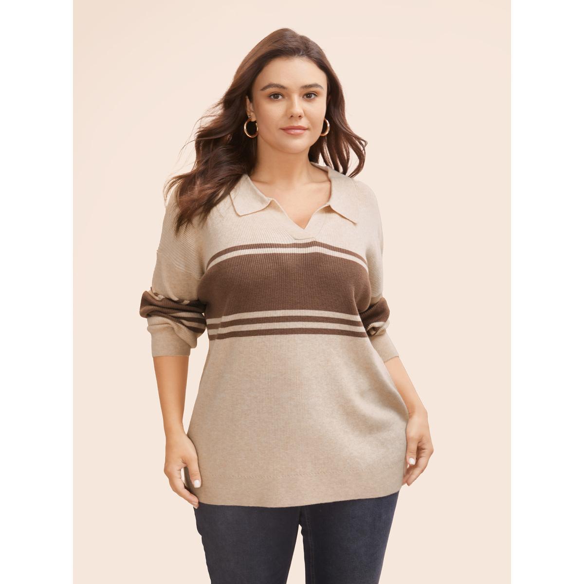Plus Size Colorblock Contrast Striped Polo Neck Pullover Beige Women Casual Long Sleeve Polo Everyday Pullovers BloomChic 18-20/2X Product Image