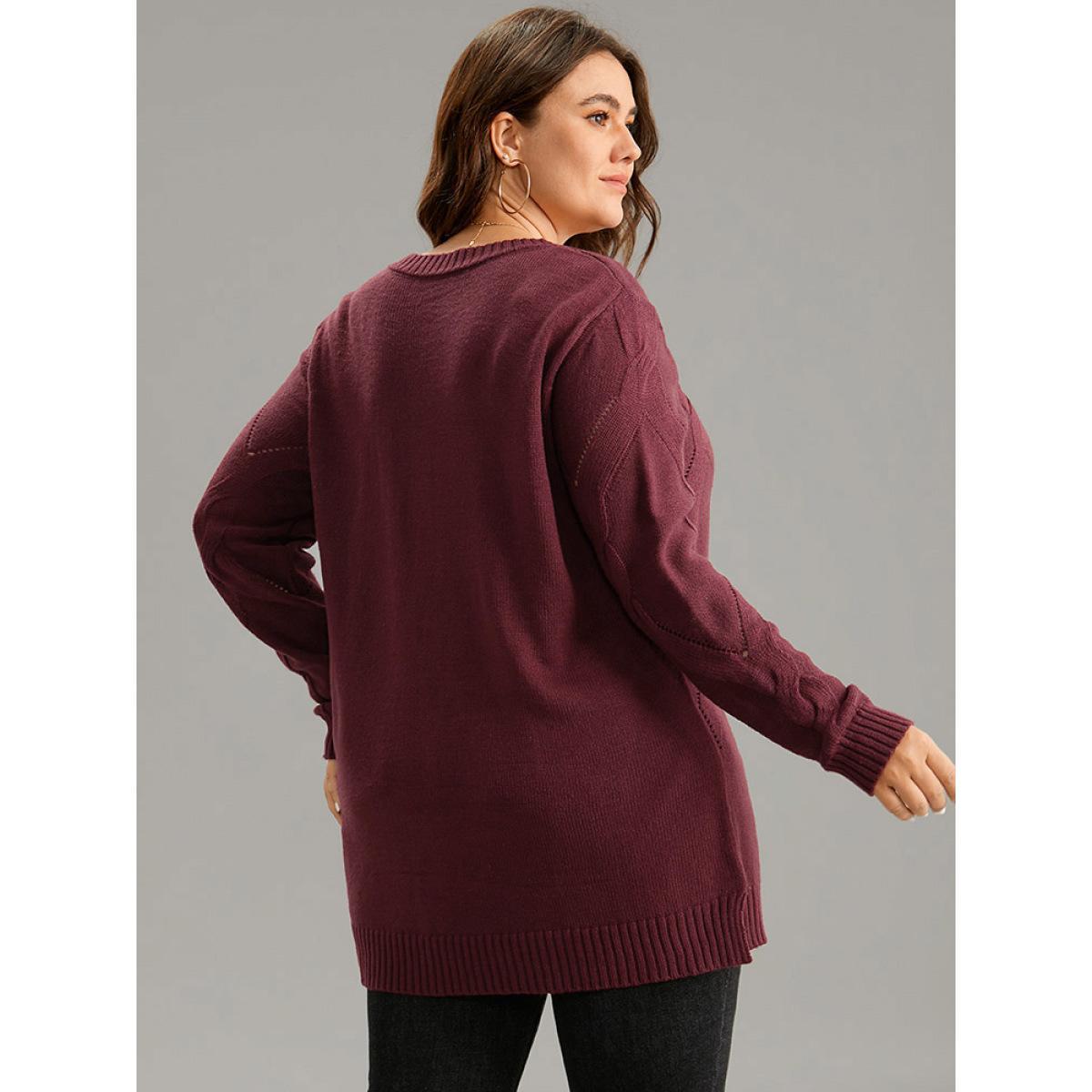 Plus Size Eyelet Cable Knit Elastic Hem Pullover Burgundy Women Casual Loose Long Sleeve Round Neck Dailywear Pullovers BloomChic 26/4X Product Image