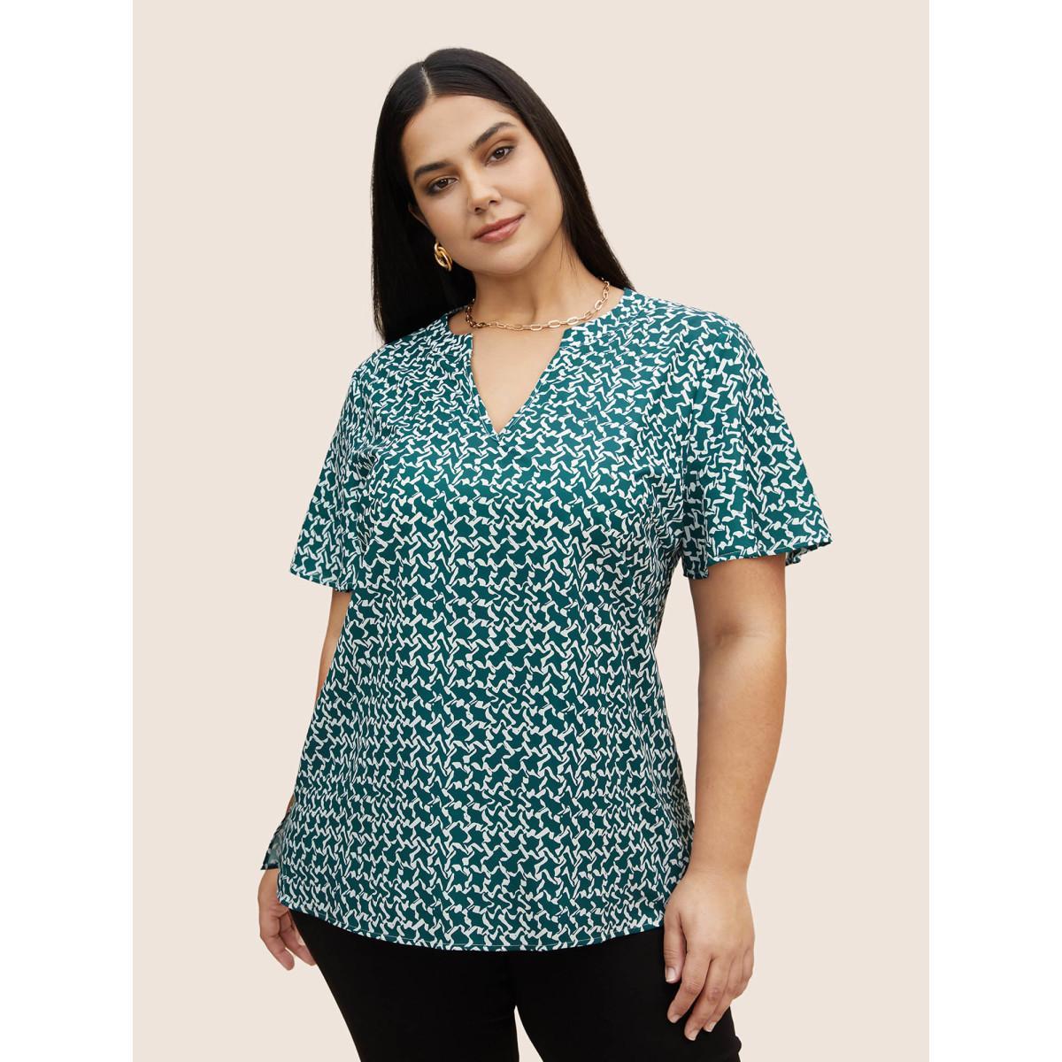 Plus Size Mint Notched Collar Geometric Flutter Sleeve Blouse Women Work From Home Elbow-length sleeve Notched collar Work Blouses BloomChic 22-24/3X Product Image