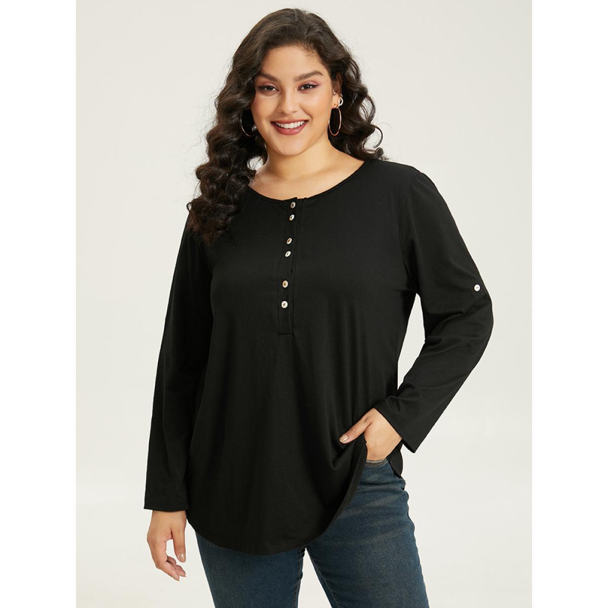 Plus Size Plain Button Up Tab Sleeve T-shirt Black Women Casual Plain Plain Round Neck Dailywear T-shirts BloomChic 10/M Product Image