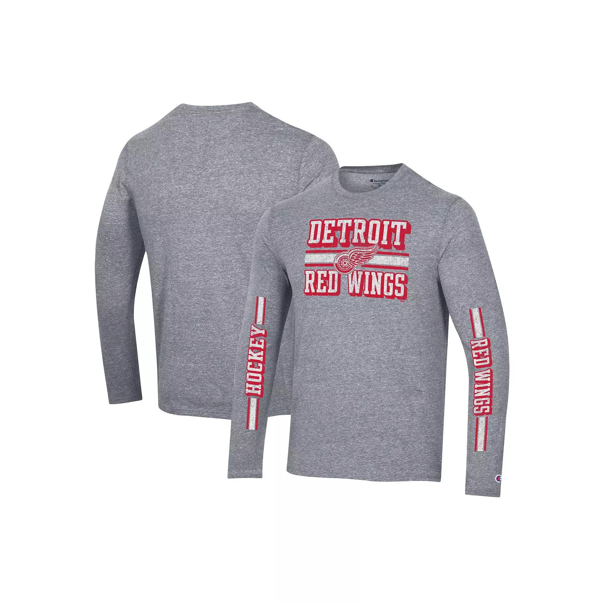 Men's Champion Heather Gray Detroit Red Wings Tri-Blend Dual-Stripe Long Sleeve T-Shirt, Size: XL, Grey Product Image