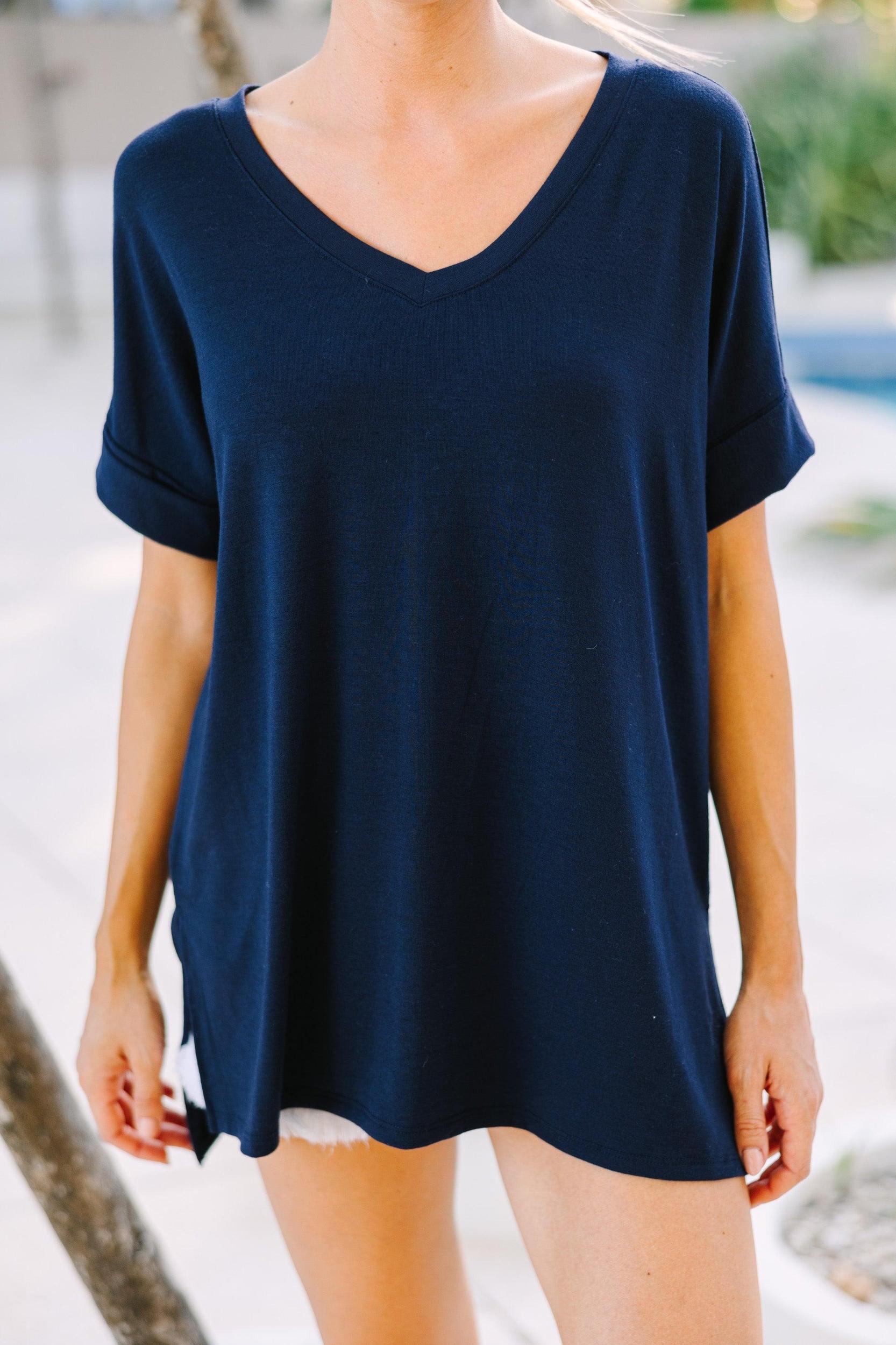 Make Your Life Easy Navy Blue V-neck Top Female Product Image