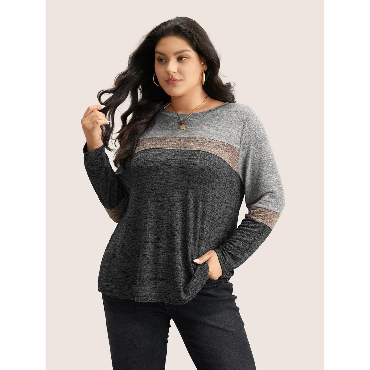 Plus Size Heather Colorblock Contrast Crew Neck T-shirt Gray Women Casual Texture Plain Round Neck Everyday T-shirts BloomChic 10/M Product Image