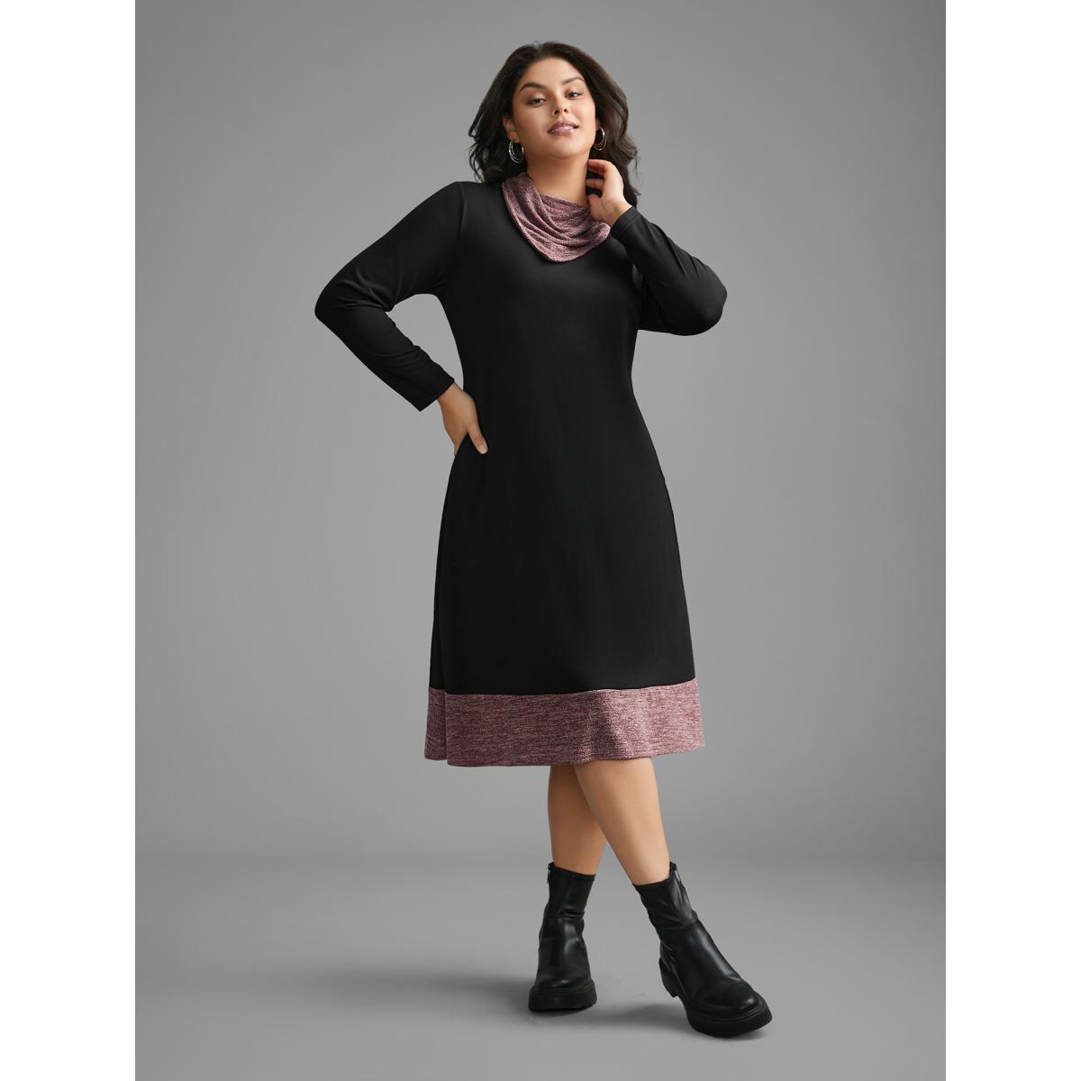 Plus Size Heather Patchwork Turtleneck Midi Dress Black Women Casual Contrast Ruffled collar Long Sleeve Curvy BloomChic 22-24/3X Product Image