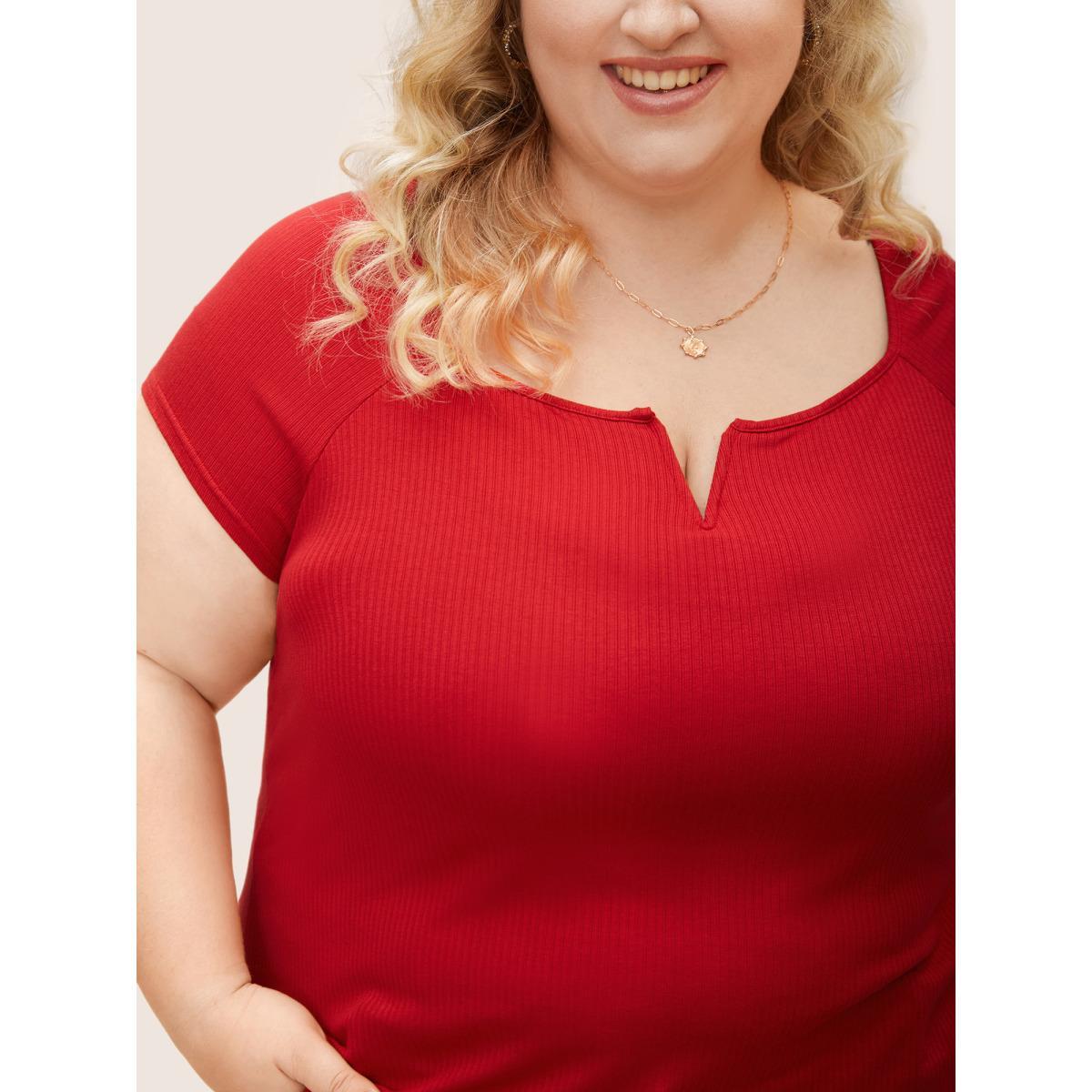 Plus Size Solid Notched Collar Pit Strip T-shirt Brightred Women Elegant Non Notched collar Bodycon Everyday T-shirts BloomChic 14-16/1X Product Image