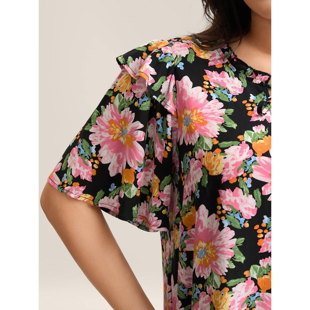 Plus Size Multicolor Large Flower Print Layered Sleeve Shirt Women Short sleeve Notched collar Everyday-Elegant Blouses BloomChic 12/L Product Image