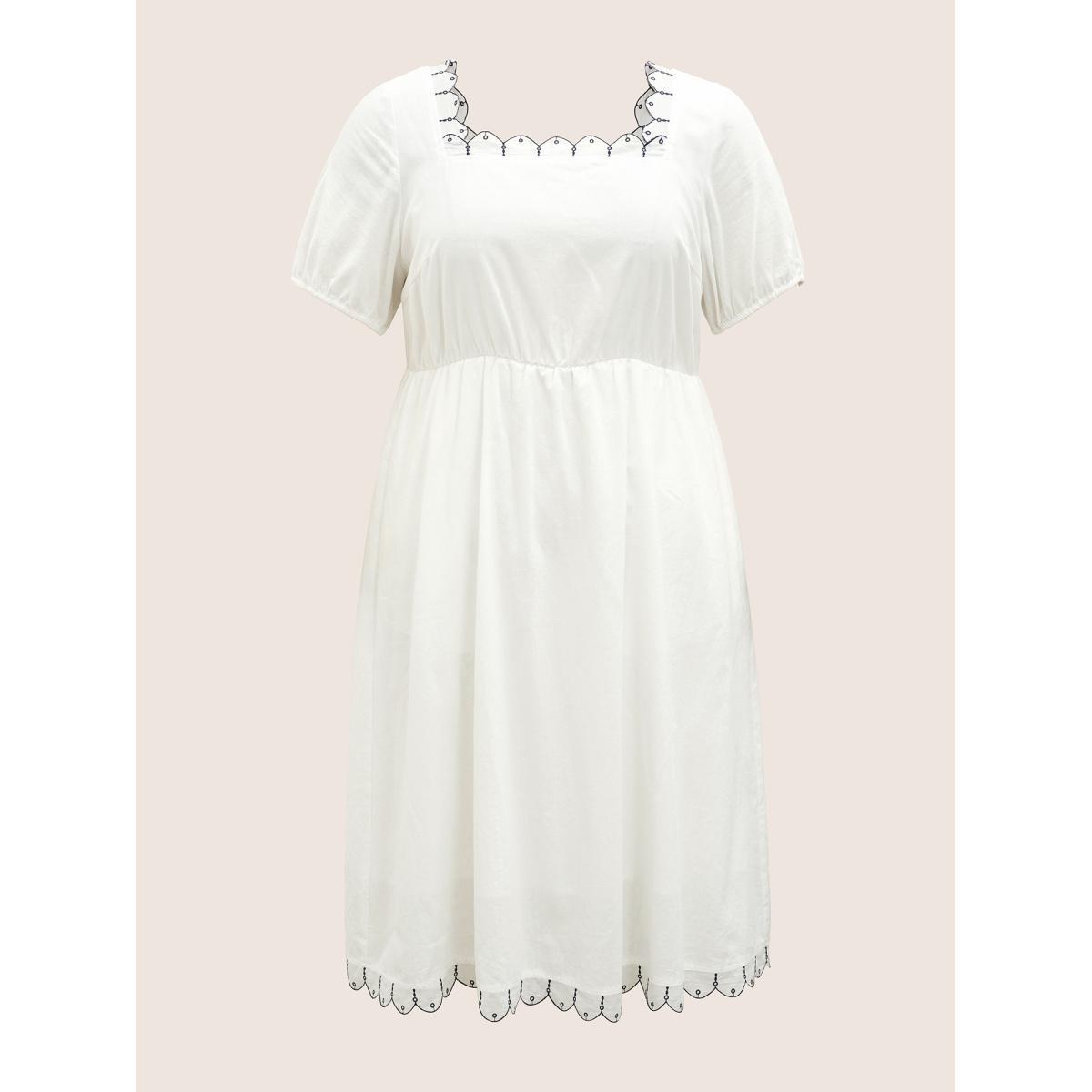 Plus Size Cotton Lace collar Lantern Sleeve Midi Dress Originalwhite Women Elegant Embroidered Lace collar Short sleeve Curvy BloomChic 28/5X Product Image