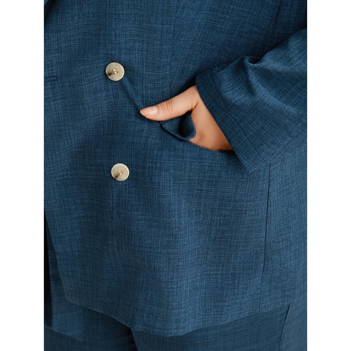 Plus Size Solid Double Breasted Suit Collar Flap Pocket Blazer Indigo Women Work Plain Texture Sleeve Long Sleeve Suit Collar 12/L Pocket At the Office Blazers BloomChic Product Image