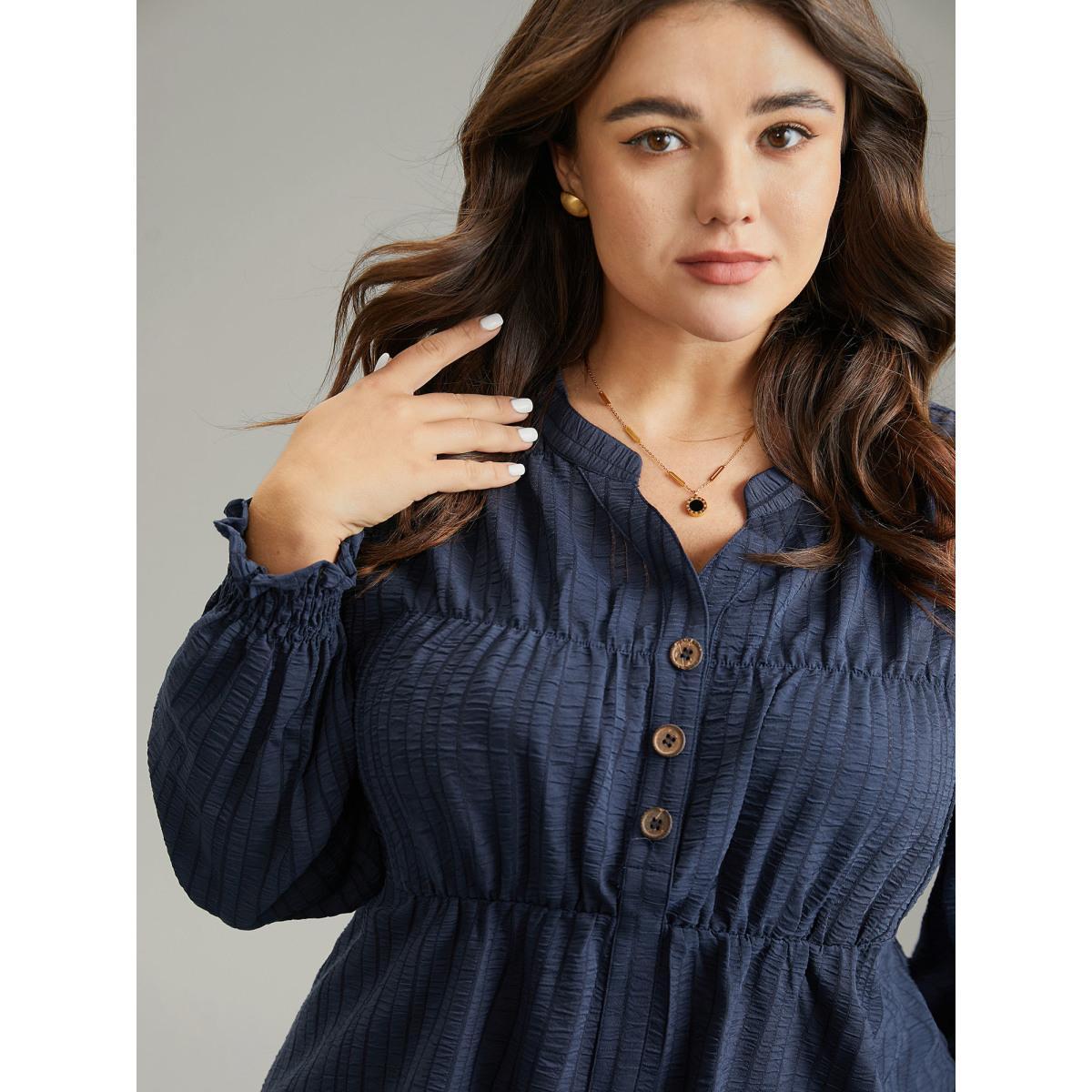 Plus Size Indigo Plisse Gathered Shirred Cuffs Button Through Blouse Women Office Long Sleeve Notched collar Work Blouses BloomChic 12/L Product Image