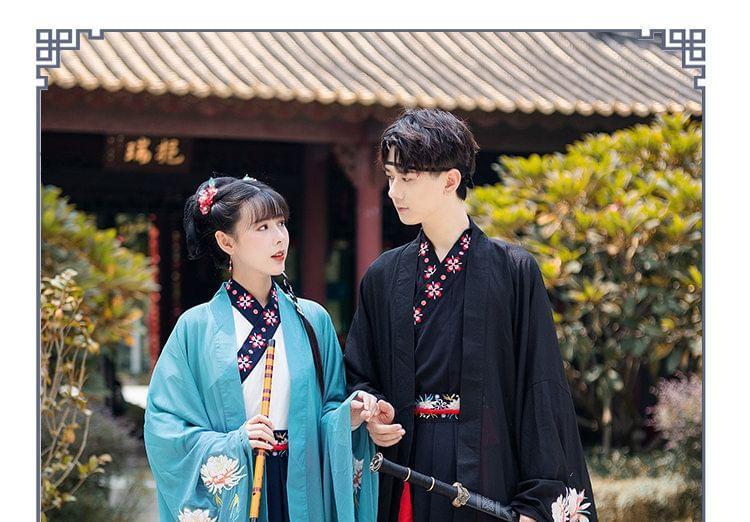 Couple Matching Fox Floral Embroidered Hanfu Jacket / Top / High Waist Maxi A-Line Skirt / Set Product Image