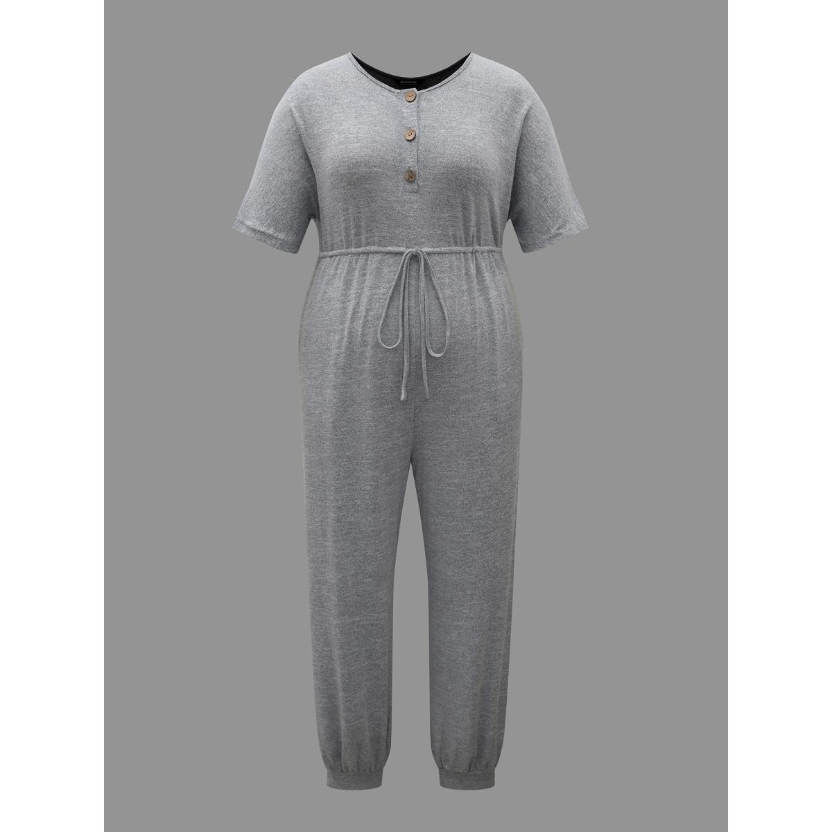 Plus Size LightGray Supersoft Button Drawstring Straight Jumpsuit Women Casual Half Sleeve Round Neck Everyday Loose Jumpsuits BloomChic 30/6X Product Image