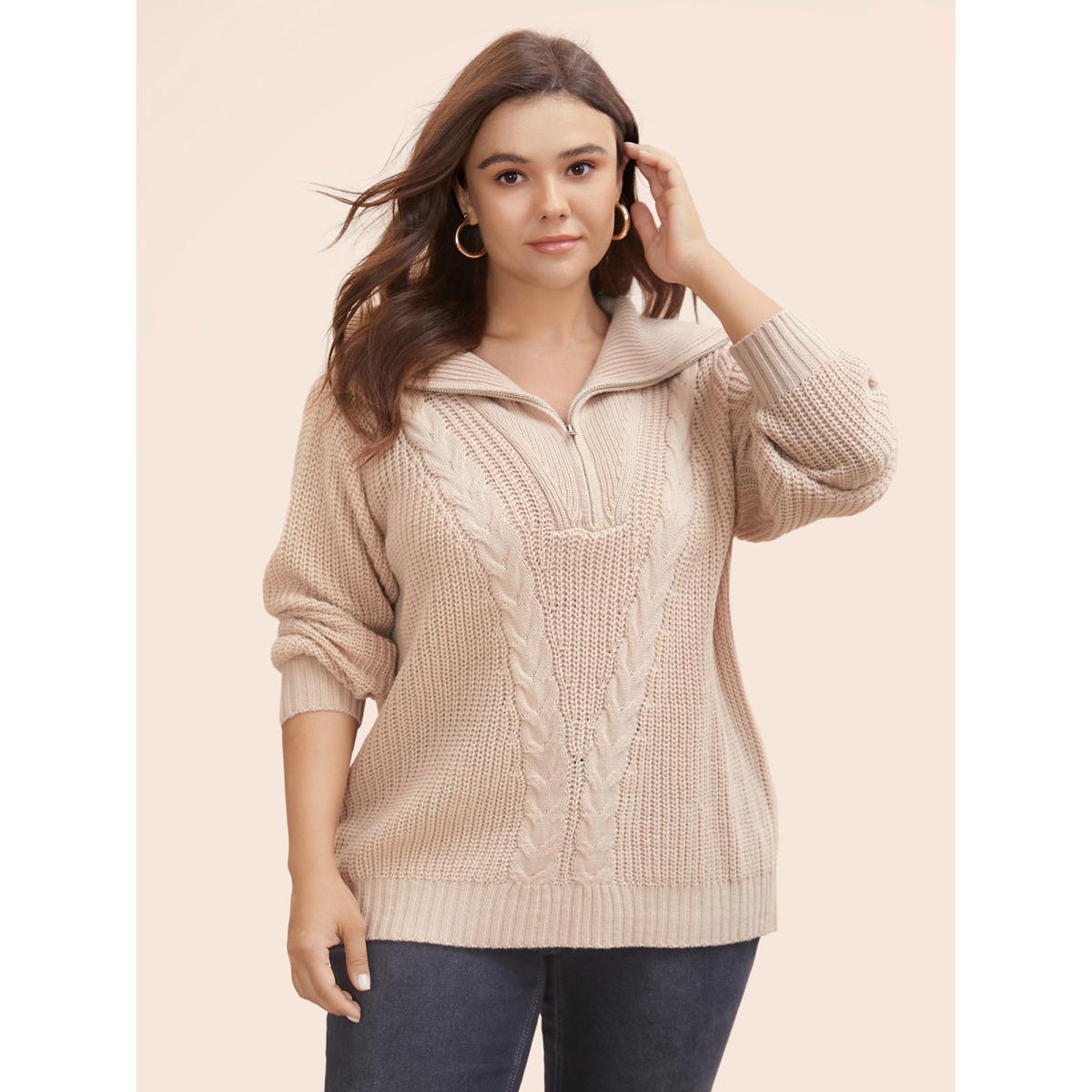 Plus Size Lapel Collar Half Zip Cable Knit Pullover Apricot Women Casual Long Sleeve Lapel Collar Everyday Pullovers BloomChic 10/M Product Image