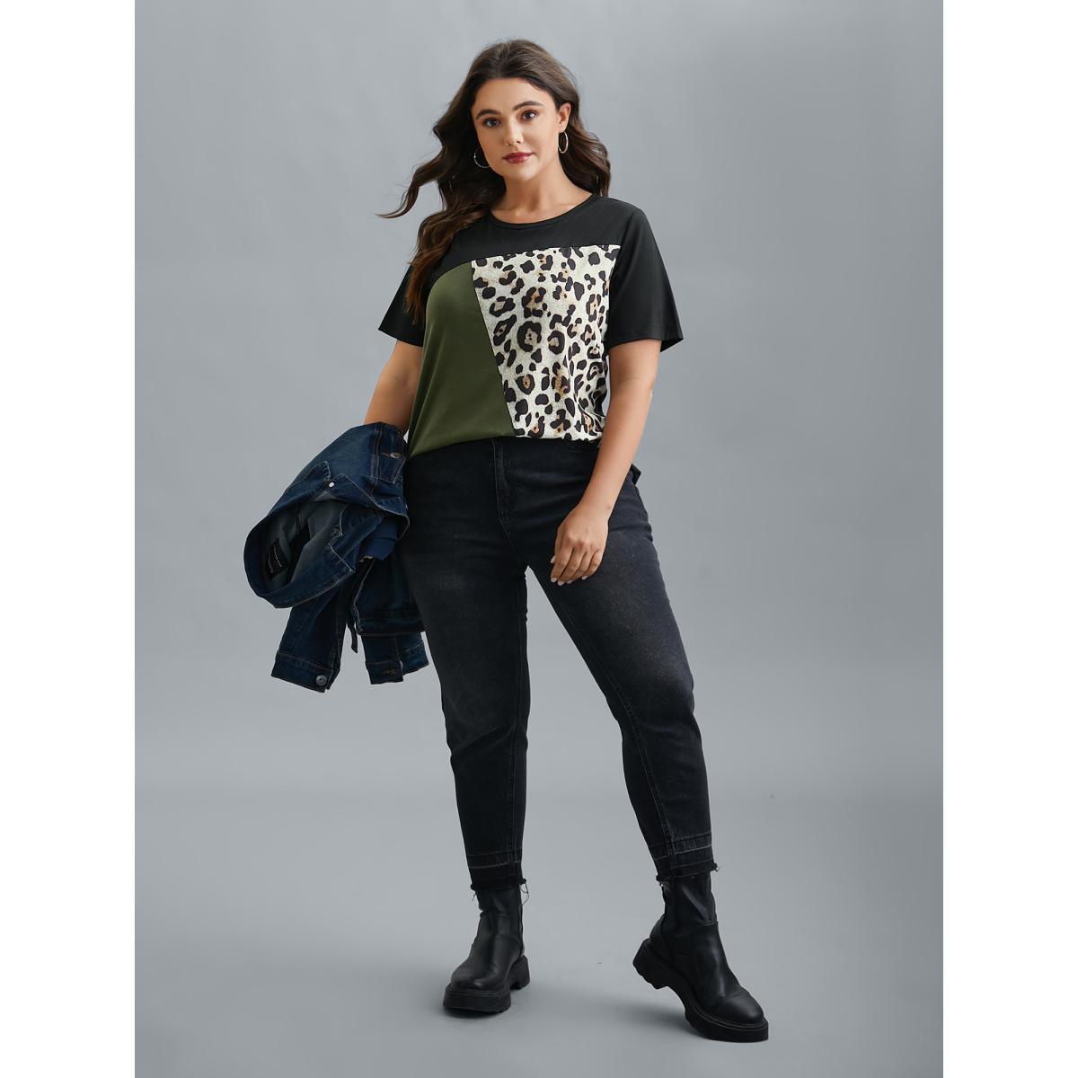 Plus Size Leopard Print Contrast Patchwork Fitted T-Shirt Multicolor Women Casual Contrast Round Neck Everyday T-shirts BloomChic 22-24/3X Product Image