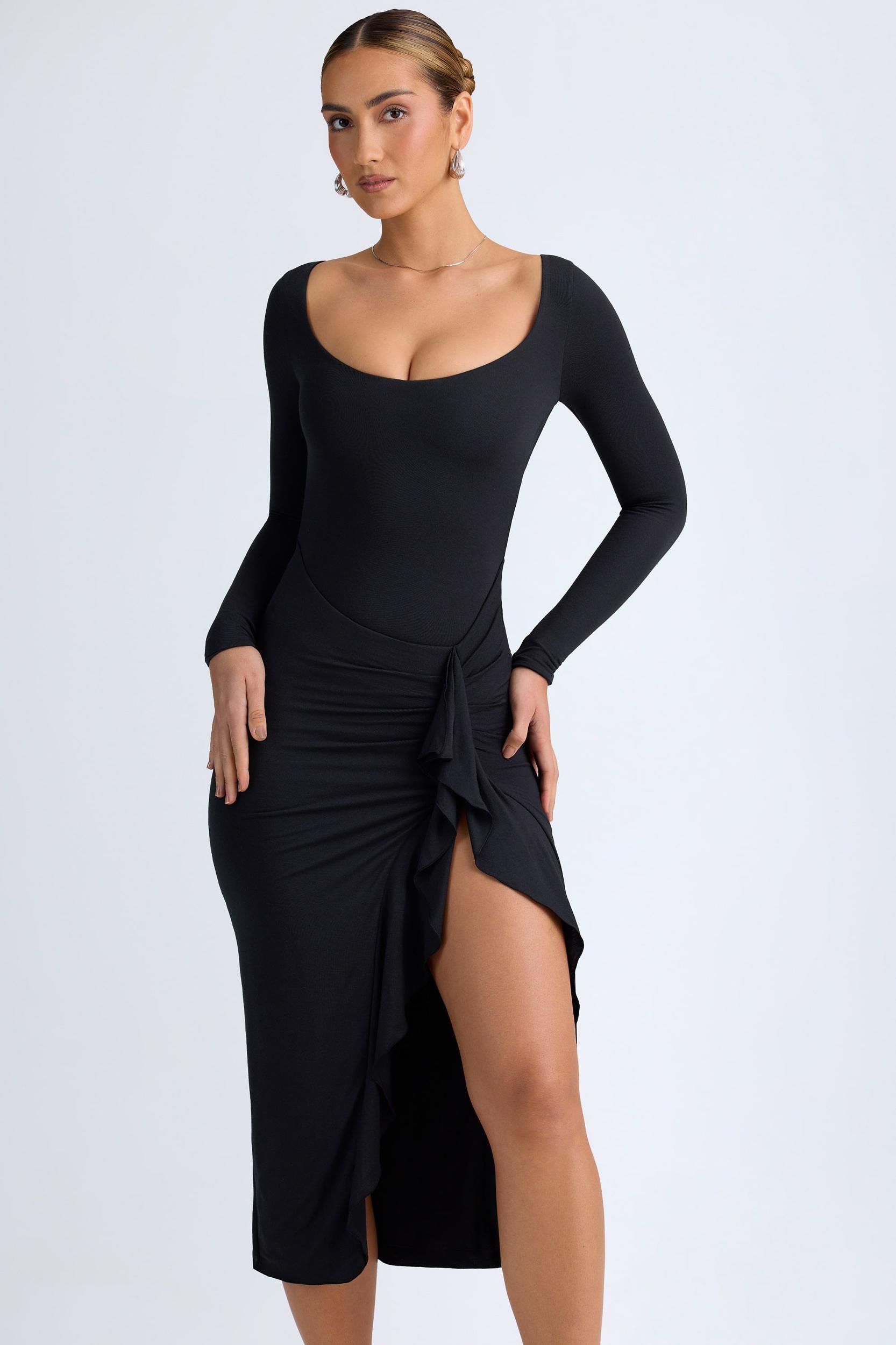 Modal Ruffled Midaxi Dress in Black Product Image