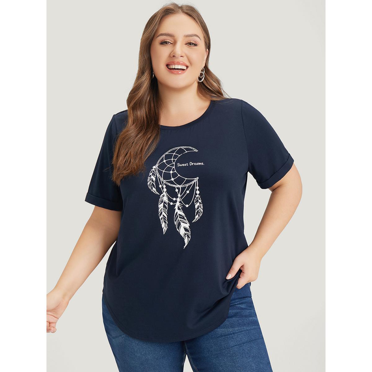 Plus Size Dream Catcher Print Arc Hem Cuffed Sleeve T-shirt Midnight Women Casual Arc Hem Art&design Dailywear T-shirts BloomChic 12/L Product Image