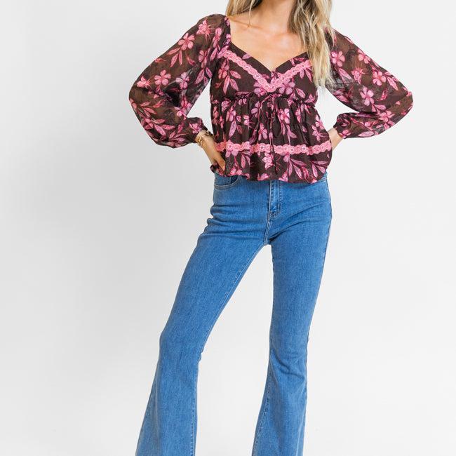 In My Dreams Brown and Pink Lace Trim Floral Blouse FINAL SALE Product Image