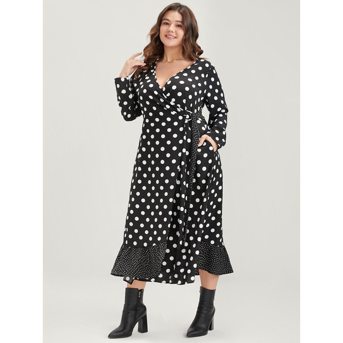 Plus Size Polka Dot Surplice Neck Tie Side Pocket Ruffle Hem Dress Black Women Elegant Wrap V-neck Long Sleeve Curvy Midi Dress BloomChic 12/L Product Image