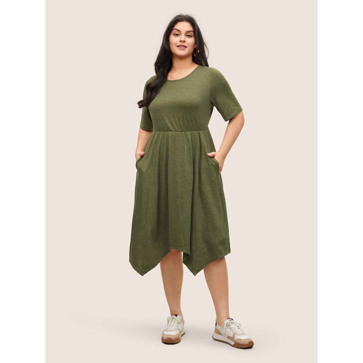 Plus Size Supersoft Essentials Solid Hanky Hem Dress Sage Women Casual Non Round Neck Short sleeve Curvy Midi Dress BloomChic 12/L Product Image