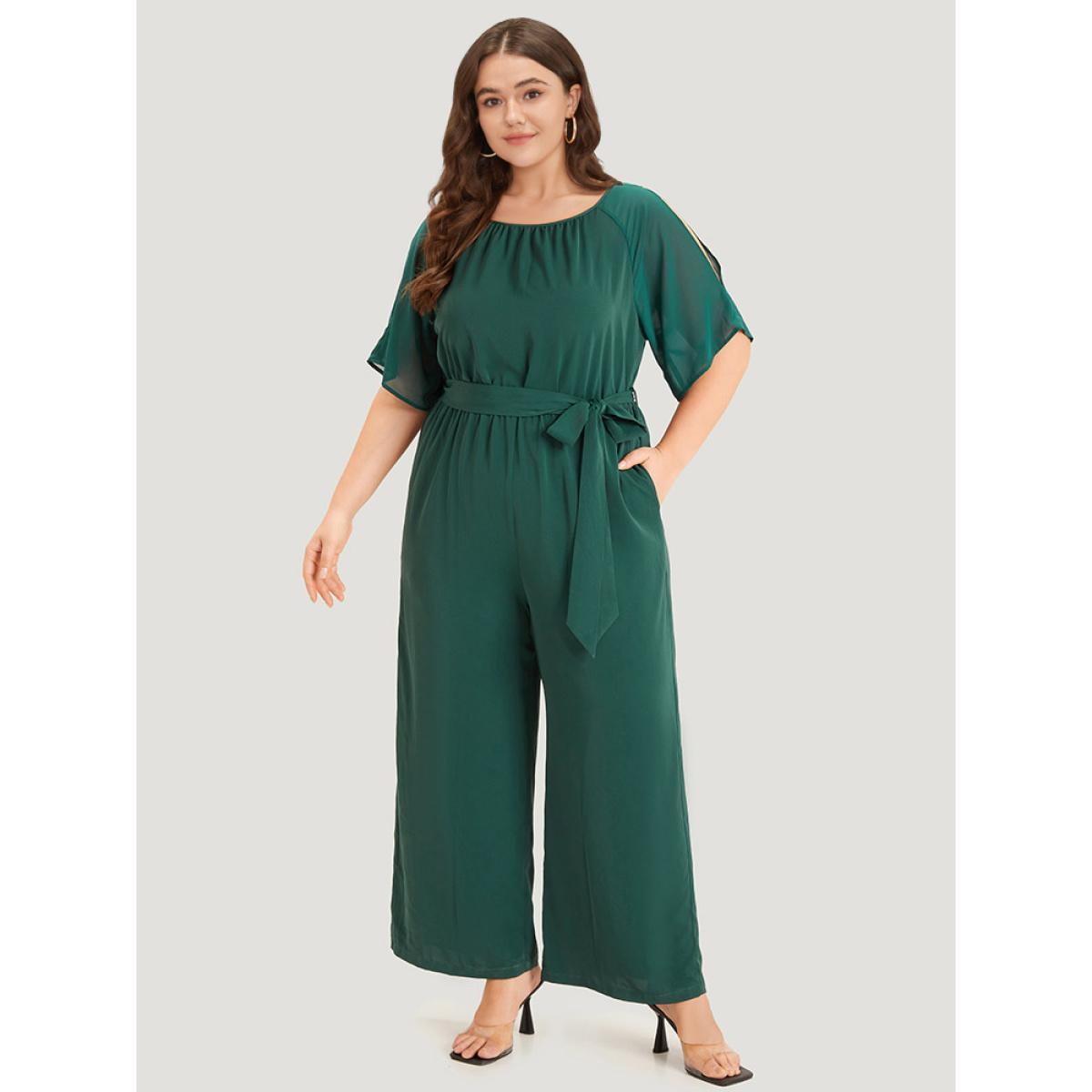 Plus Size DarkGreen Solid Belted Pocket Cut Out Zipper Jumpsuit Women Office Short sleeve Round Neck Work Loose Jumpsuits BloomChic 12/L Product Image