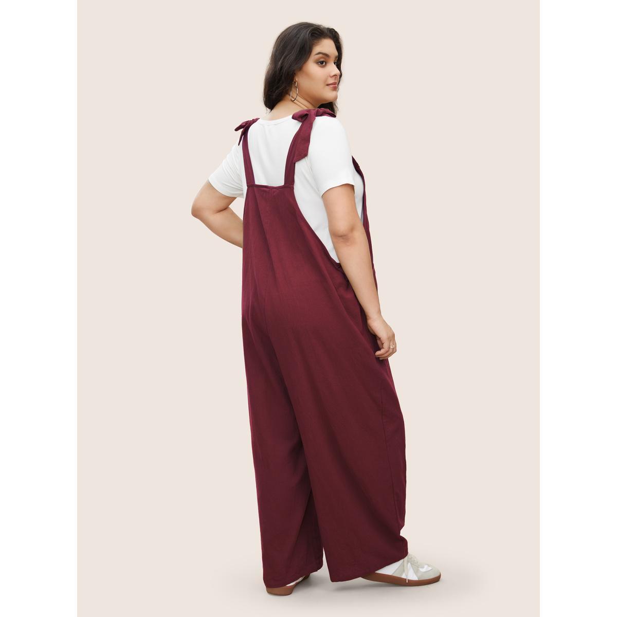 Plus Size ArmyGreen Solid Pleated Detail Pocket Knotted Shoulder Overall Jumpsuit Women Casual Sleeveless Non Everyday Loose Jumpsuits BloomChic 30/6X Product Image