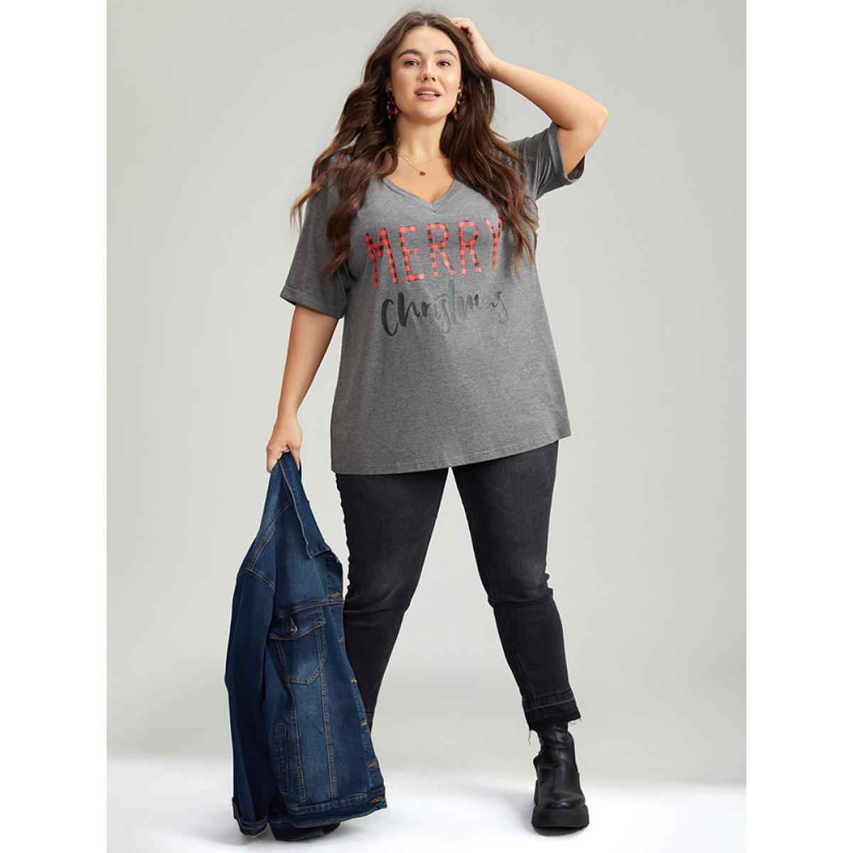 Plus Size Christmas Gingham Patchwork V Neck T-shirt DimGray Women Casual Printed Christmas Festival-Christmas T-shirts BloomChic 18-20/2X Product Image