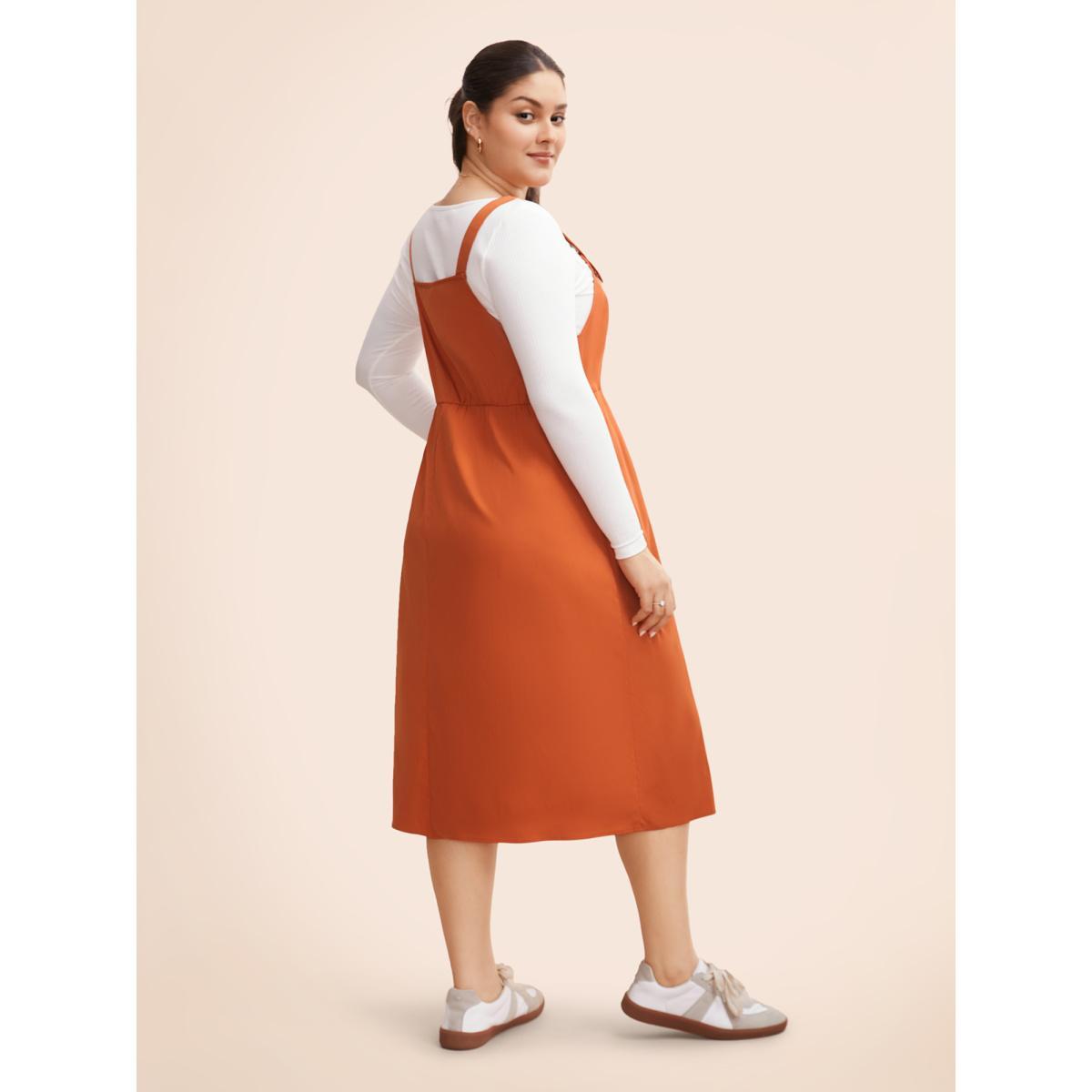 Plus Size Suspender Skirt Style Midi Dress OrangeRed Women Casual Button Non Sleeveless Curvy BloomChic 12/L Product Image