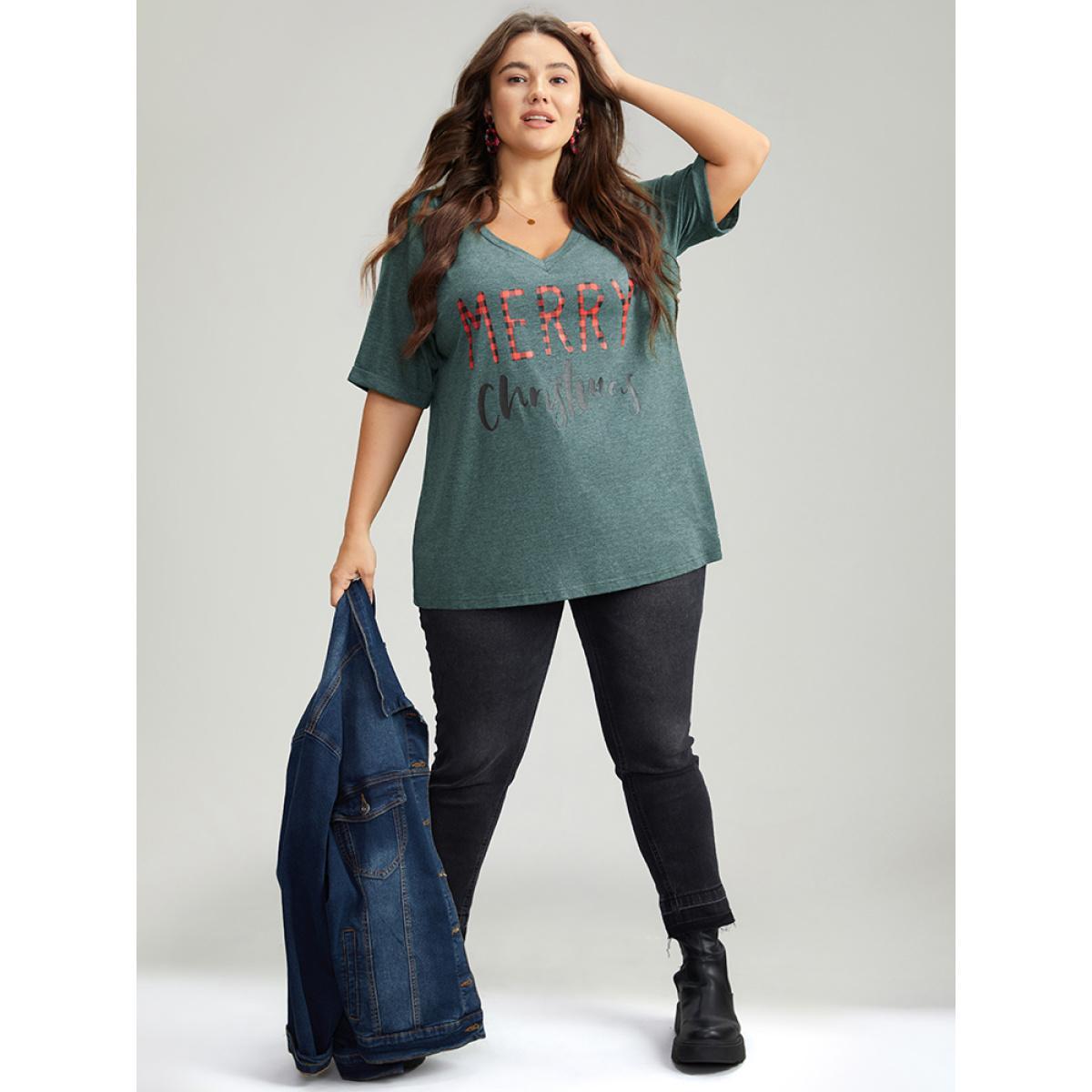 Plus Size Christmas Gingham Patchwork V Neck T-shirt DarkGreen Women Casual Printed Christmas Festival-Christmas T-shirts BloomChic 22-24/3X Product Image