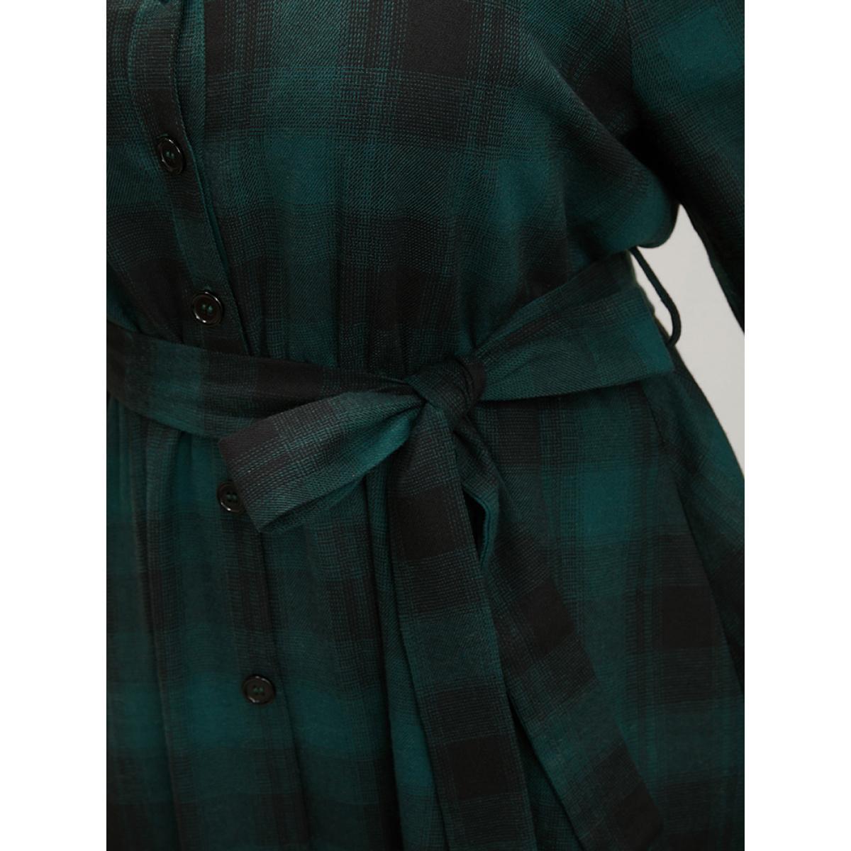 Plus Size Plaid Pocket Button Detail Belted Asymmetrical Hem Dress Emerald Women Elegant Button V-neck Long Sleeve Curvy Midi Dress BloomChic 28/5X Product Image